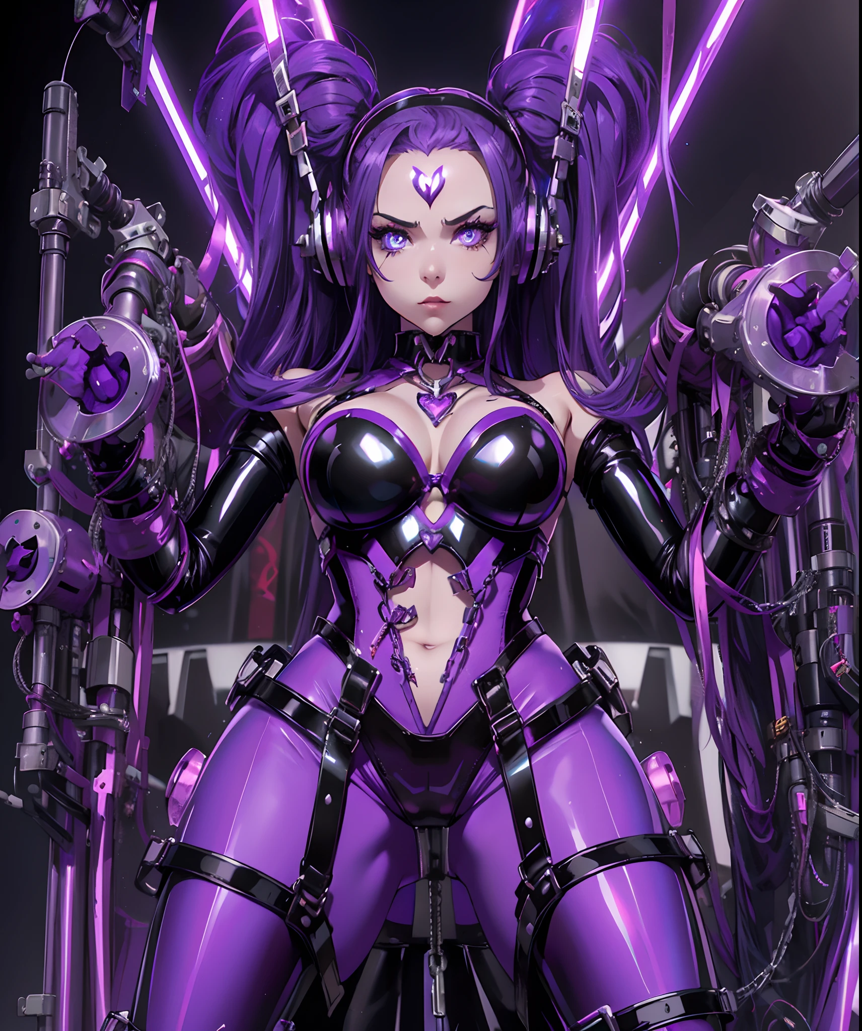 Evil magical girl in exhibitionist costume standing alone. Her outfit consists of latex fabric and transparent tights. She wears sharp black bikini armor. chastity belt. Metal pants.Pants with key. Sharp claws on her fingertips. Heart tattoo around her navel. Aqua color eyes shining with light. Futuristic machine on background