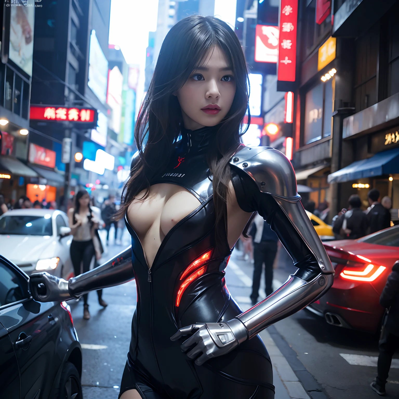 (Part of the skin is a computer)、top-quality、masterpiece、超A high resolution、(With a futuristic machine gun、holding knive),(Wearing a futuristic hat)、(Photorealsitic:1.4)、Raw photo、女の子1人、Black hair、glowy skin、((1 Mechanical Girl))、((super realistic details))、portlate、(Mystical expression)、explosions、Particles of light、(Small LED lamp)、Wire tubes that glow all over the body、(With state-of-the-art weapons),globalillumination、Shadow、octan render、8K、Armpit、ultrasharp、Colossal tits、Small LED lamp、Raw skin is exposed in cleavage、metals、blood vessels connected to tubes、With weapons、Red bodysuit、Armpit、Cyberpunk city background、Details of complex ornaments、Japan details、highly intricate detail、Realistic light、CGSoation Trends、Blue eyes、radiant eyes、Facing the camera、neon details、(Tattoo numbers on the face)、Mechanical limbs、blood vessels connected to tubes、Mechanical vertebrae attached to the back、mechanical cervical attaching to neck、Wires and cables connecting to the head、Gundam、Small LED lamp、Toostock、Toostock、Futuristic machine gun、Knives、(White Metallic Bodysuit),(Futuristic motorcycle background)、