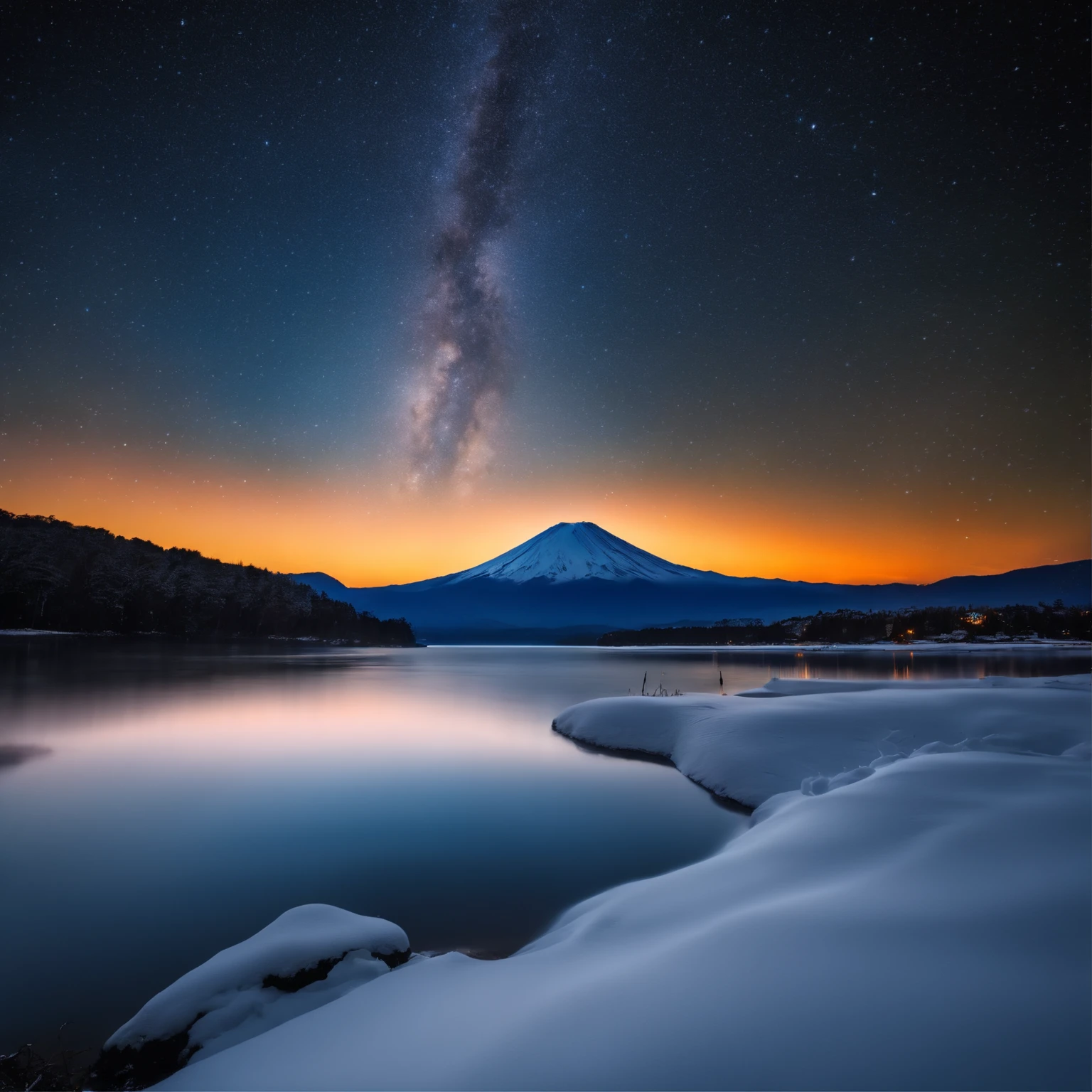 Master Parts、Superior Quality、superior image quality、The 8k quality、Beautiful pictures of the starry sky、magnifica、Arched Milky Way:1.9、Mt fuji、Blue glowing lake:1.9、(snowscape:1.9)