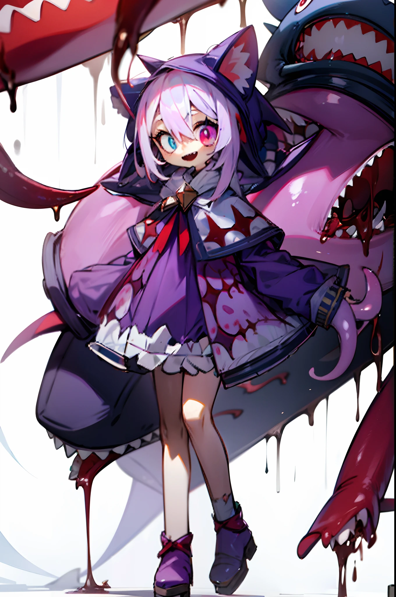 whaite hair，Red and blue heterochromatic pupils，Slime tentacles，Blank background，Shark teeth，Purple clothes