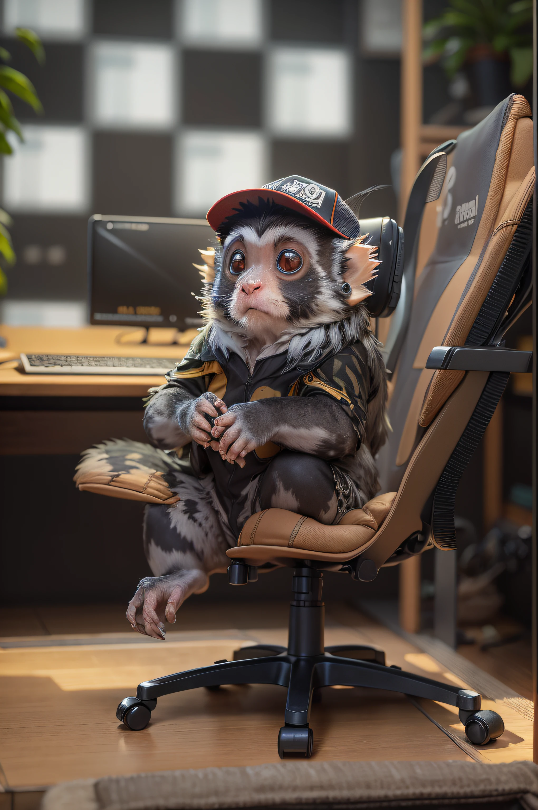 desenhe, um sagui, numa cadeira gamer, O sagui tem um computador gamer do lado, The marmoset wears a cap, 4k, realista, marmoset is in a gaming chair, sagui tem mais pelos nas orelhas, The marmoset room has more computing articles, sagui tem uma webcam, sagui tem um letreiro, the sign is flashing with the name SAGUI , highes definition
