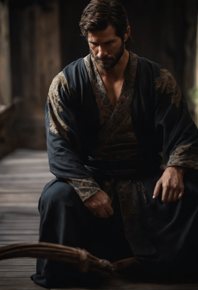 ninja homem, corpo masculino, vestido, roupa larga, roupa samurai, tecido japones, kimono preto com detalhes azuis, capuz ninja, Tattoos on the arm, machucados pelo corpo, mascara ninja, roupa ninja, olhos azuis, with water in the background (maior qualidade)
(estilo the last of us)