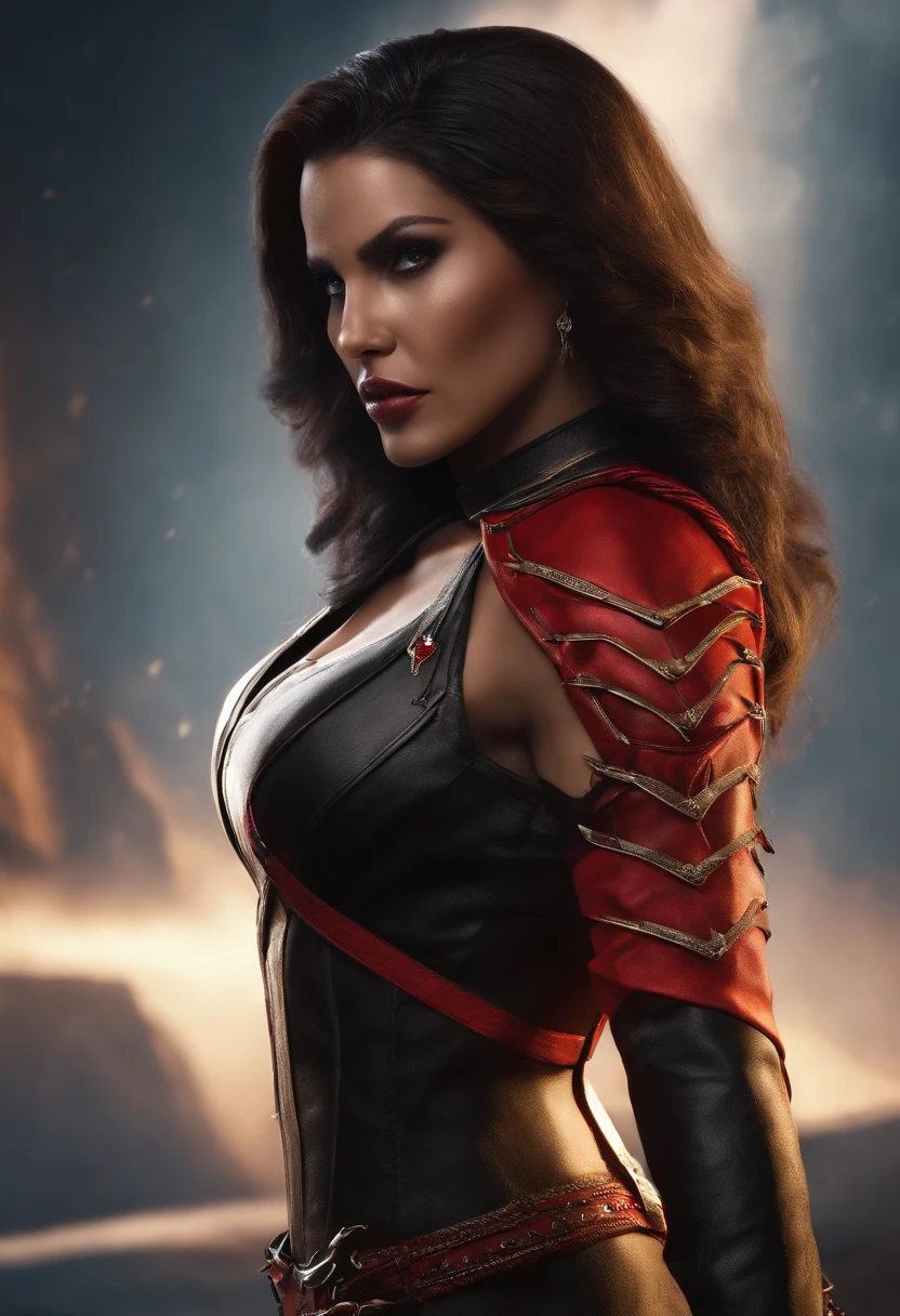 scarlet mortal kombat 11, roupa de couro militar preta, MASCARA DE CAVEIRA VERMELHA, MASCARA IMPONENTE, ROSTO COBERTO, MASCARA DE CAVEWIRA DE RUBI, cabelo VERMELHO, imponente, cabelo vermelho curto, cicatrizes no rosto (maior qualidade) (realista) (rosto realista)