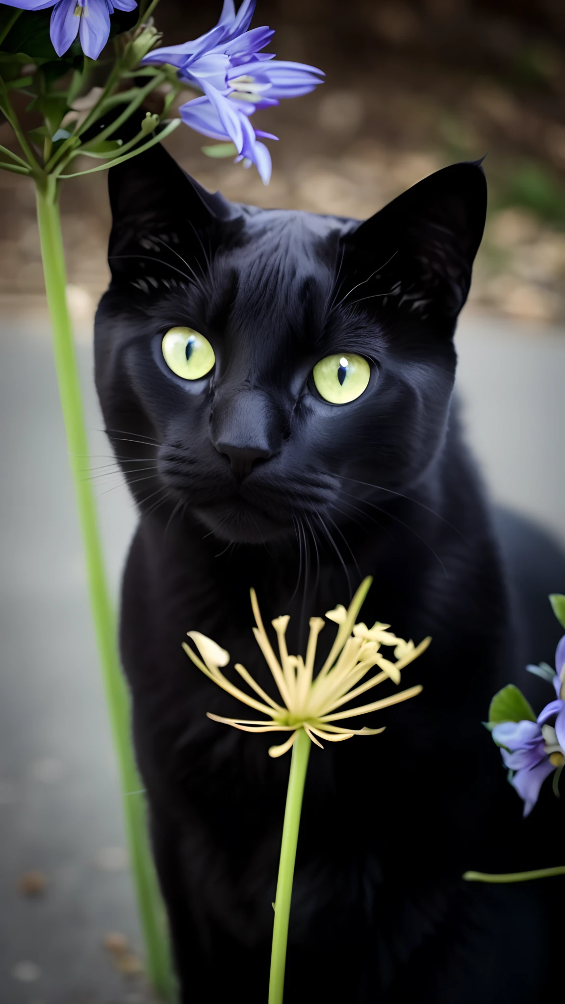 Black Cat close portrait. Flowers at front. Blurry background.