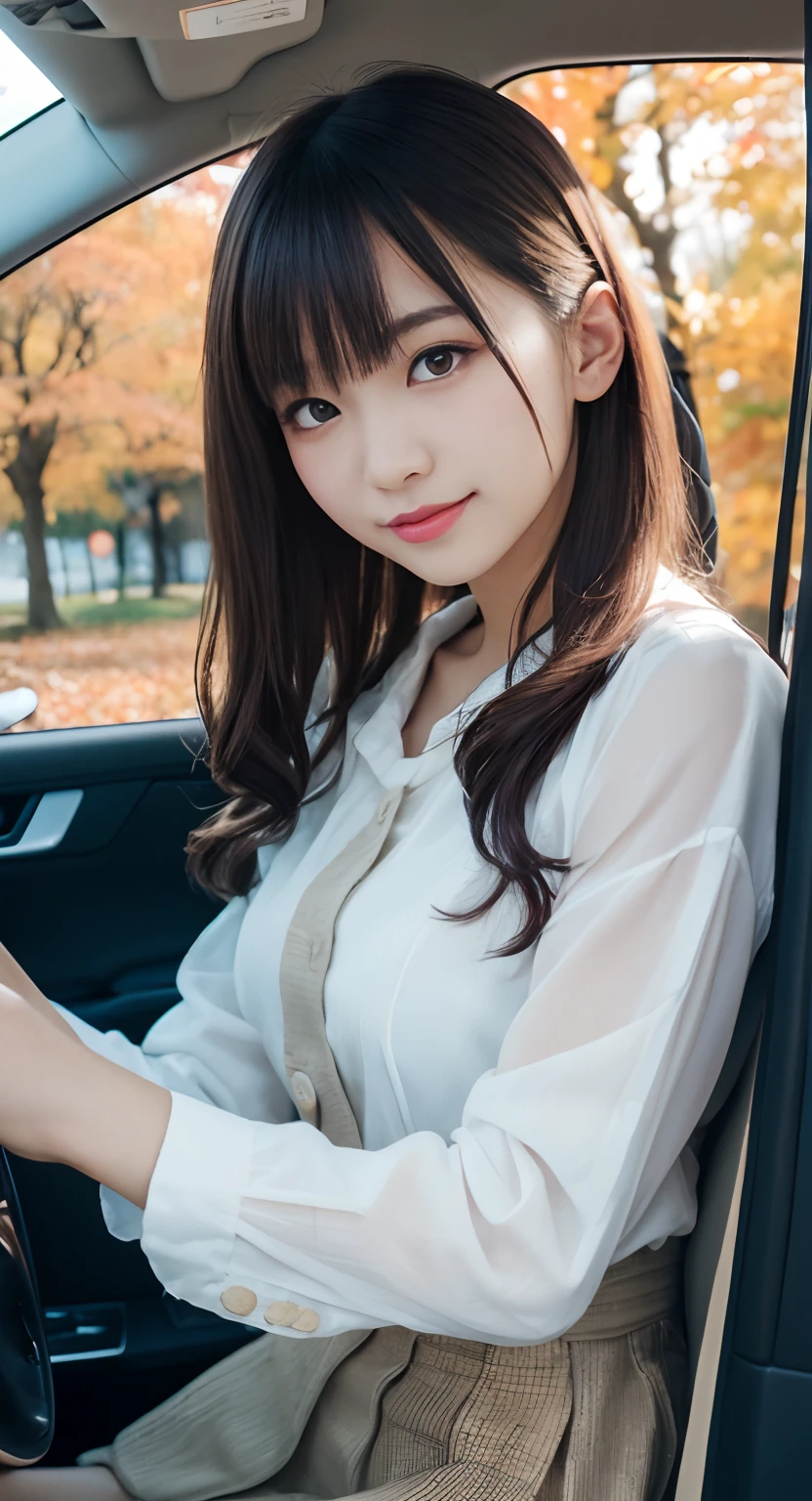 (top-quality、masterpiece:1.2)、Best Quality、realisitic、photoshot、hight resolution、1080p、8K、Textured skin、Physical Rendering、1 Japan Girls、High school students、kawaii、Young Face、Rolled hair、(Autumn outfit:1.5)、guido、Get in the car、full of shyness、smil、Big