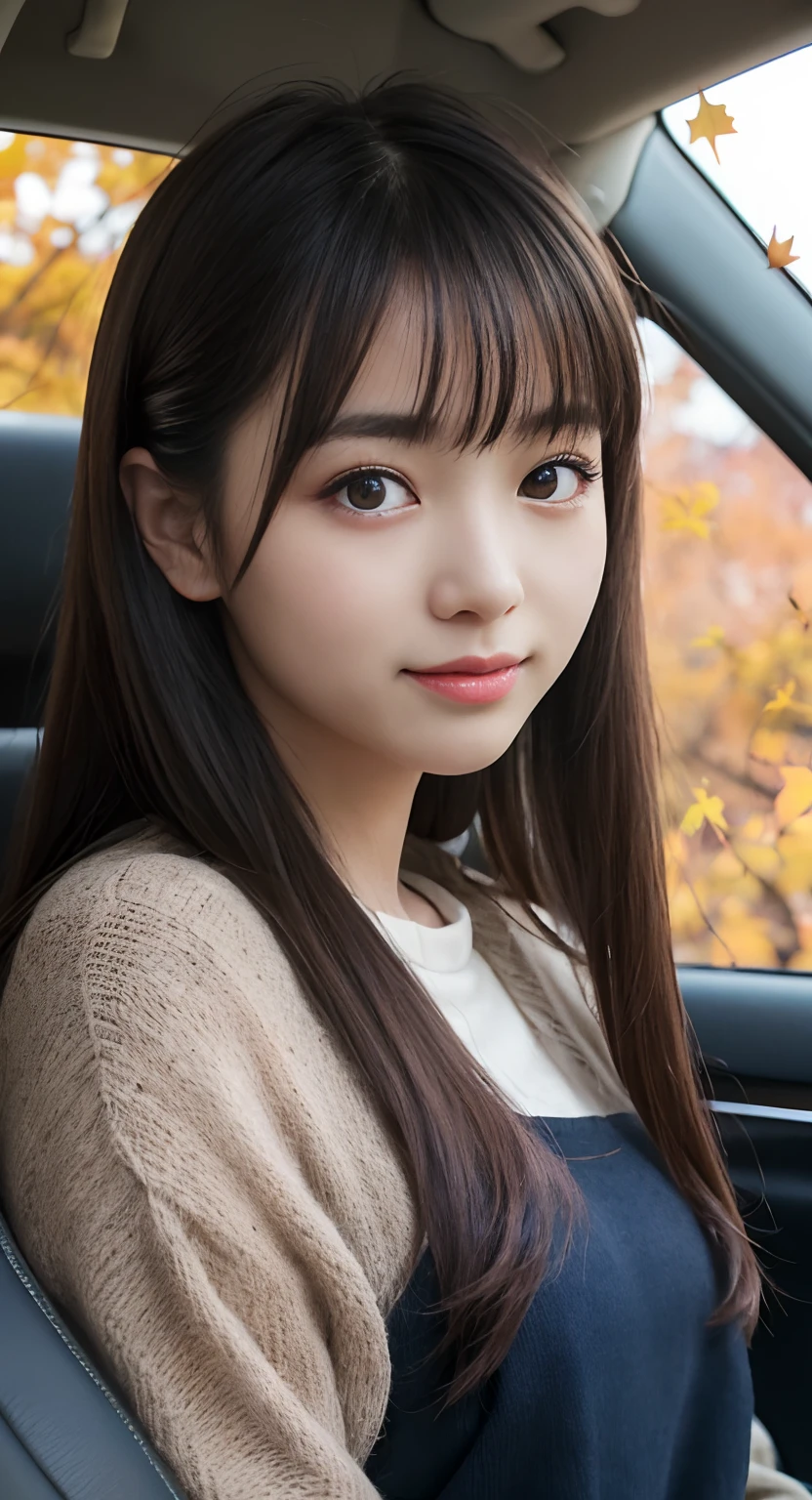 (top-quality、masterpiece:1.2)、Best Quality、realisitic、photoshot、hight resolution、1080p、8K、Textured skin、Physical Rendering、1 Japan Girls、High 、kawaii、Young Face、Rolled hair、(Autumn outfit:1.5)、guido、Get in the car、full of shyness、smil、Big