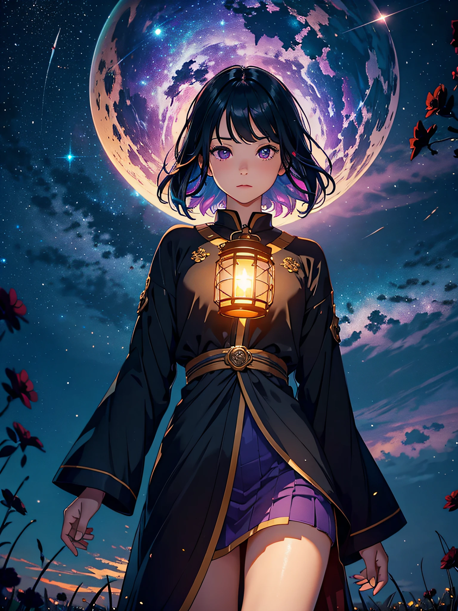 Mana tree in the background, field with black flowers and black petals flying in the wind, clouds circling the tree, BREAK, girl looking at the tree in the background, BREAK, lanterns, fireflies, fairies, BREAK, strong colors, lots of purple, lots of orange, (ultra-realistic), {extremely detailed CG unit 8k wallpaper}, Expansive landscape photography, (a view from below that shows the entire sky above, expansive open field view), (low-angle shot), (high light : 1.5), (low light: 2.0)(warm light source: 1.5), complex details, (Iridescent colors: 1.5), (bright lighting), (atmospheric lighting), dreamy, magical, fantastical