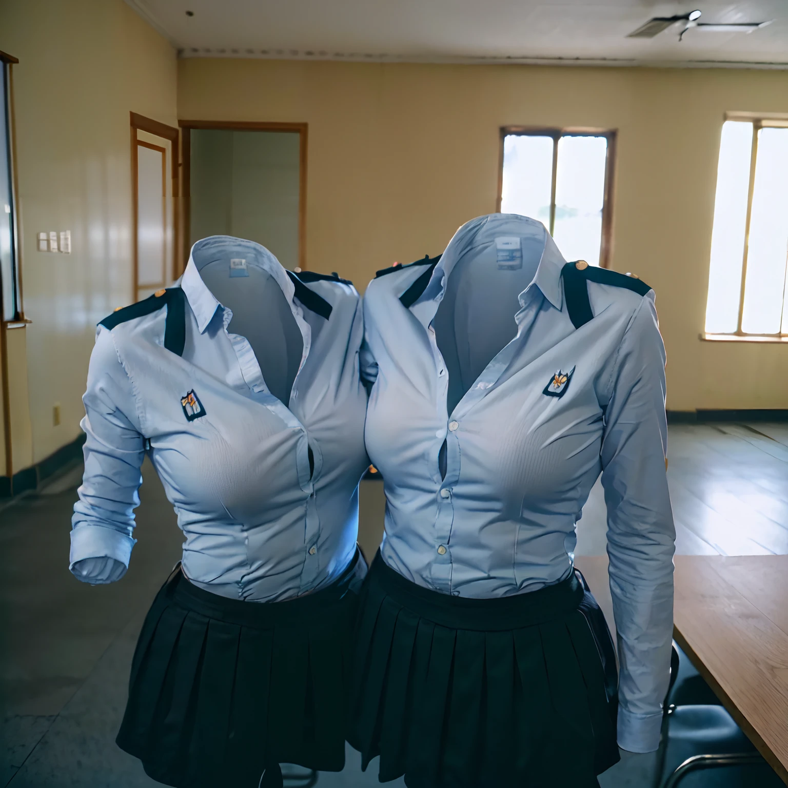 2 girls love each other, school uniform in classroom, ((invisible, no humans:1.5, headless:1.5, handless, legless)), (big breast), (close-up to breast),
(8k, RAW photo, best quality, masterpiece:1.2), (realistic, photo-realistic:1.37),photon mapping, radiosity, ((Hasselblad photography)),physically-based rendering,