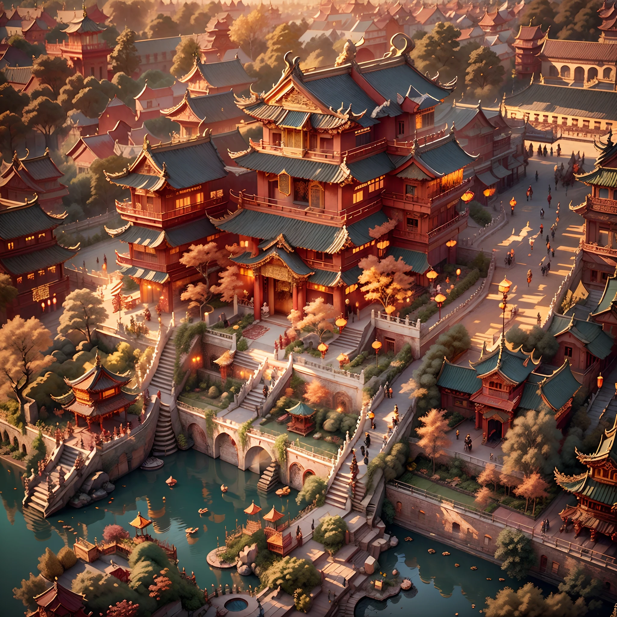 Magnificent ancient Chinese palace,Gold brick red wall,Ornate carvings and decorations,Huge dragon statue,Beautiful garden and pond,Pagodas and stone bridges,Carefully designed traditional Chinese architecture,Colorful lanterns hang from the ceiling,Bustling markets and lively crowds,The background is the impressive city skyline,The stunning sunset casts a warm glow,Aerial view of the entire palace complex,