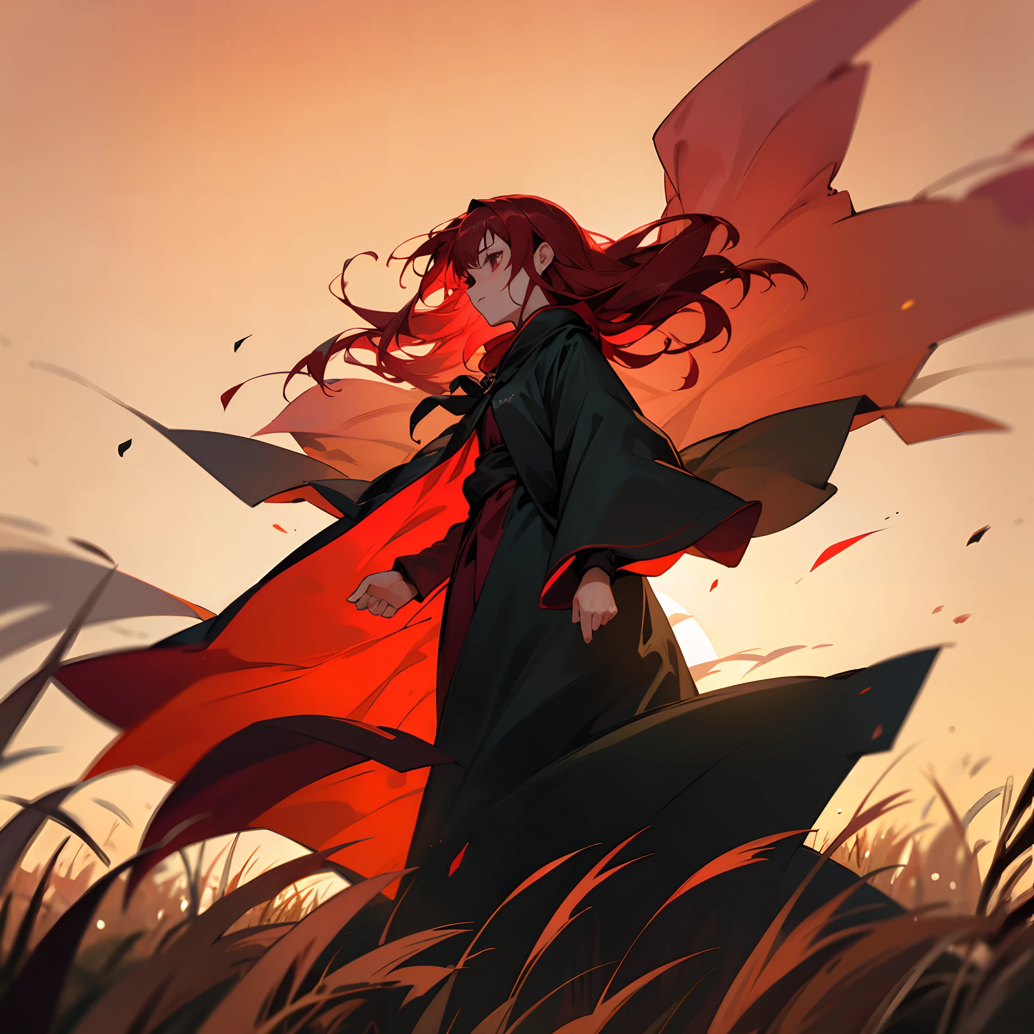 Dark Department,cloaks,red tinted hair,middle aged women,grass field,Blowing in the wind,eventide