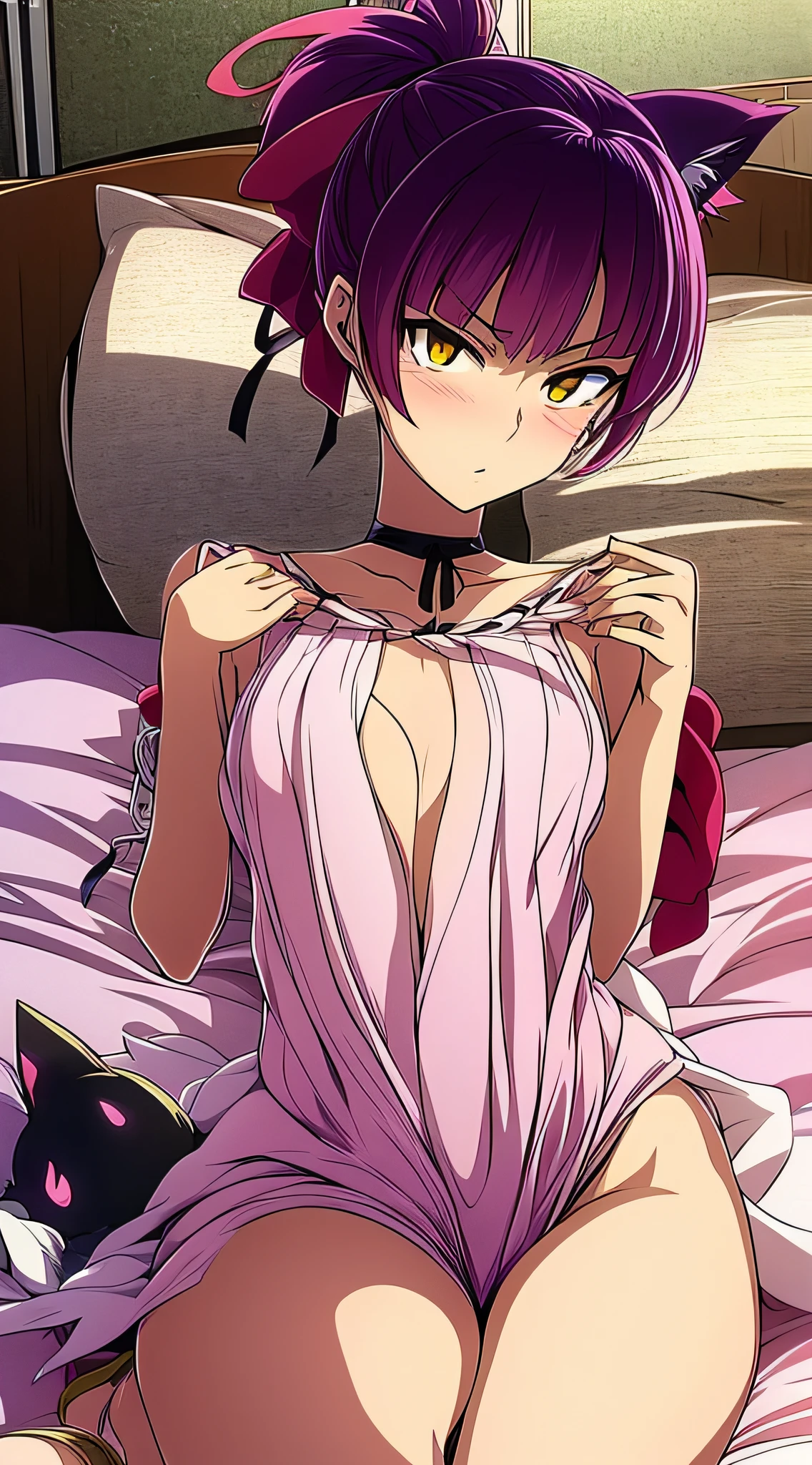 an anime girl、Cat Girl、18year old、Purple short ponytail hair、big red ribbon、Yellow Eye、Glaring、Slender figure、small tits、a black choker、fullnude、Red high heels、Lying in bed and masturbating、