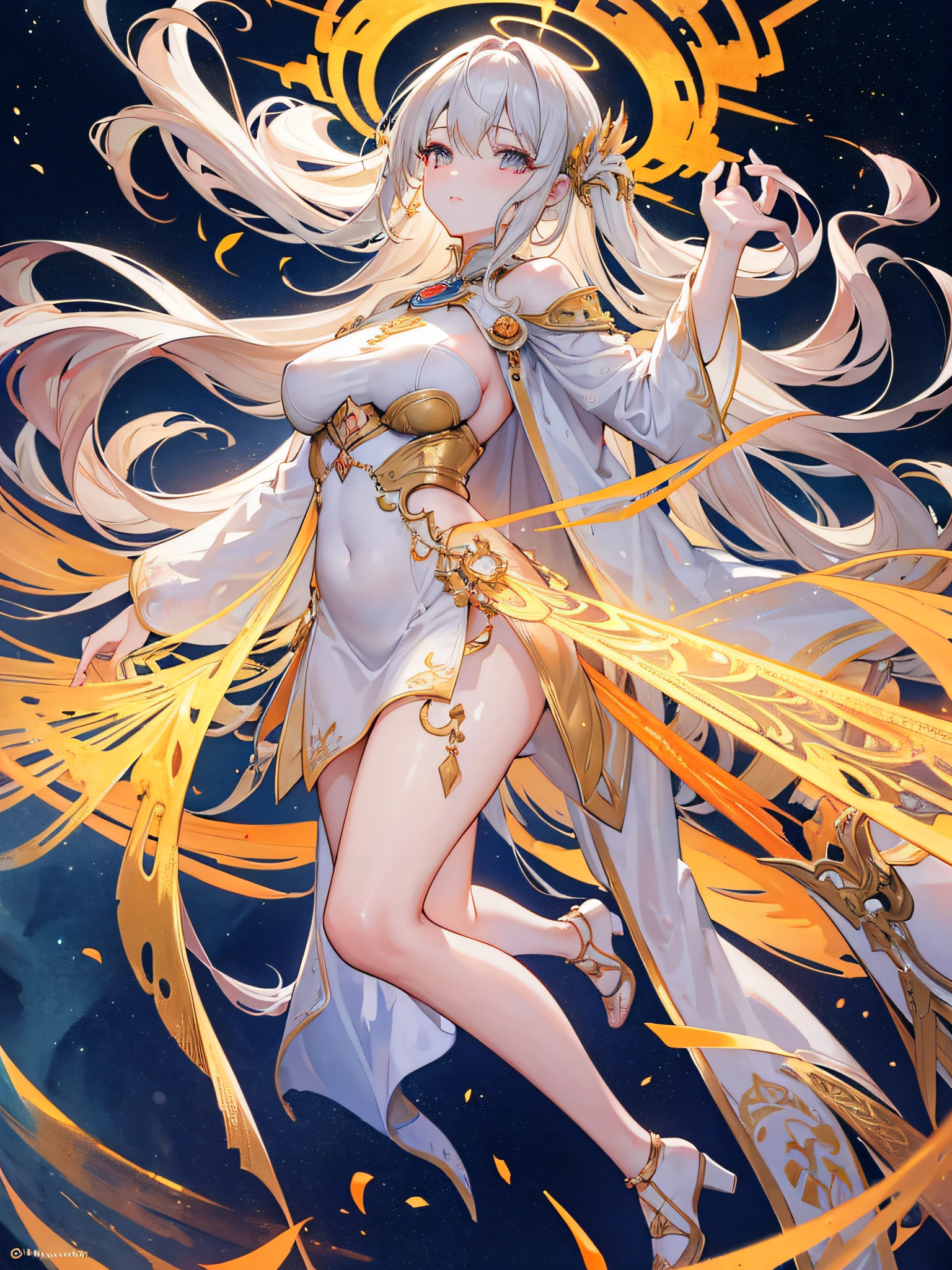 Goddess girl with golden eyes and very long hair, halo, curvy body, medium breasts, few translucent clothes, floating on tiptoe, looking from above, voluminous lips, BREAK, golden astes from the bottom, very orange, very golden, very silver, (ultra-realistic), {extremely detailed CG unit 8k wallpaper}, Expansive landscape photography, (a view from below that shows the character at their best angle, expansive open field view), (low-angle shot) , (high light: 1.5), (low light: 1.0) (warm light source: 1.5), complex details, (Iridescent colors: 1.5), (bright lighting), (atmospheric lighting), dreamy, imposing, fantastical