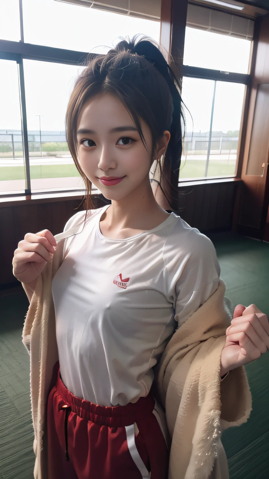 ((tmasterpiece, Top image quality, A high resolution、独奏、small tits、High-Ponytail hairstyle、A smile、A slight smil、glowy skin))、(track suit:1.5)、Sweaty face、puberty, full of sweat、Standing in the ring、独奏、((Standing in the ring))、(((manly body)))、、(((See the whole body)))