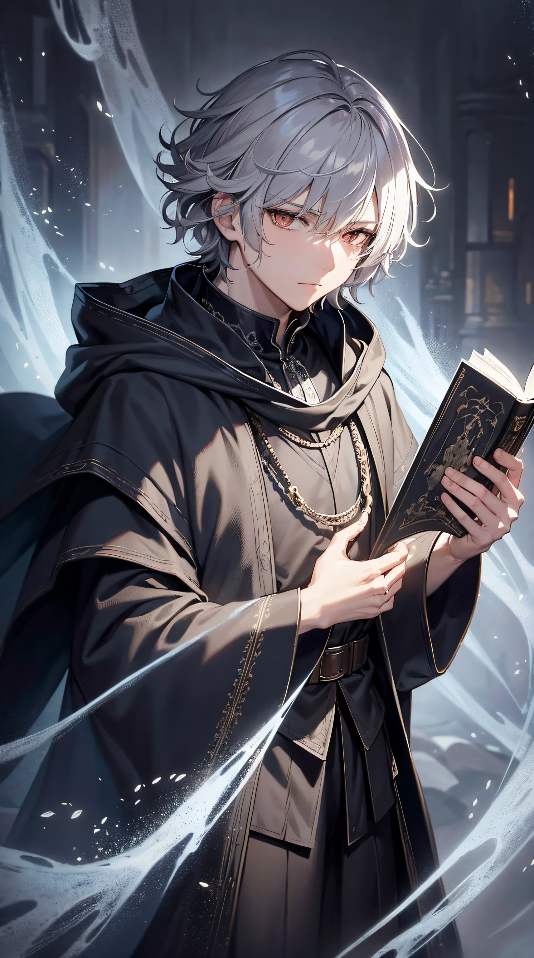 8k, masterpiece, illustration, detailed image, detailed clothing, detailed hair, expressive background, male, fluffy hair, adult, gray short hair, dark robes, magus, necronomicon