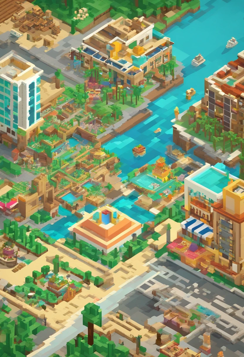 Isla vista de frente toma aerea con un puerto un crucero un centro comercial y varios edificios de tipo resort