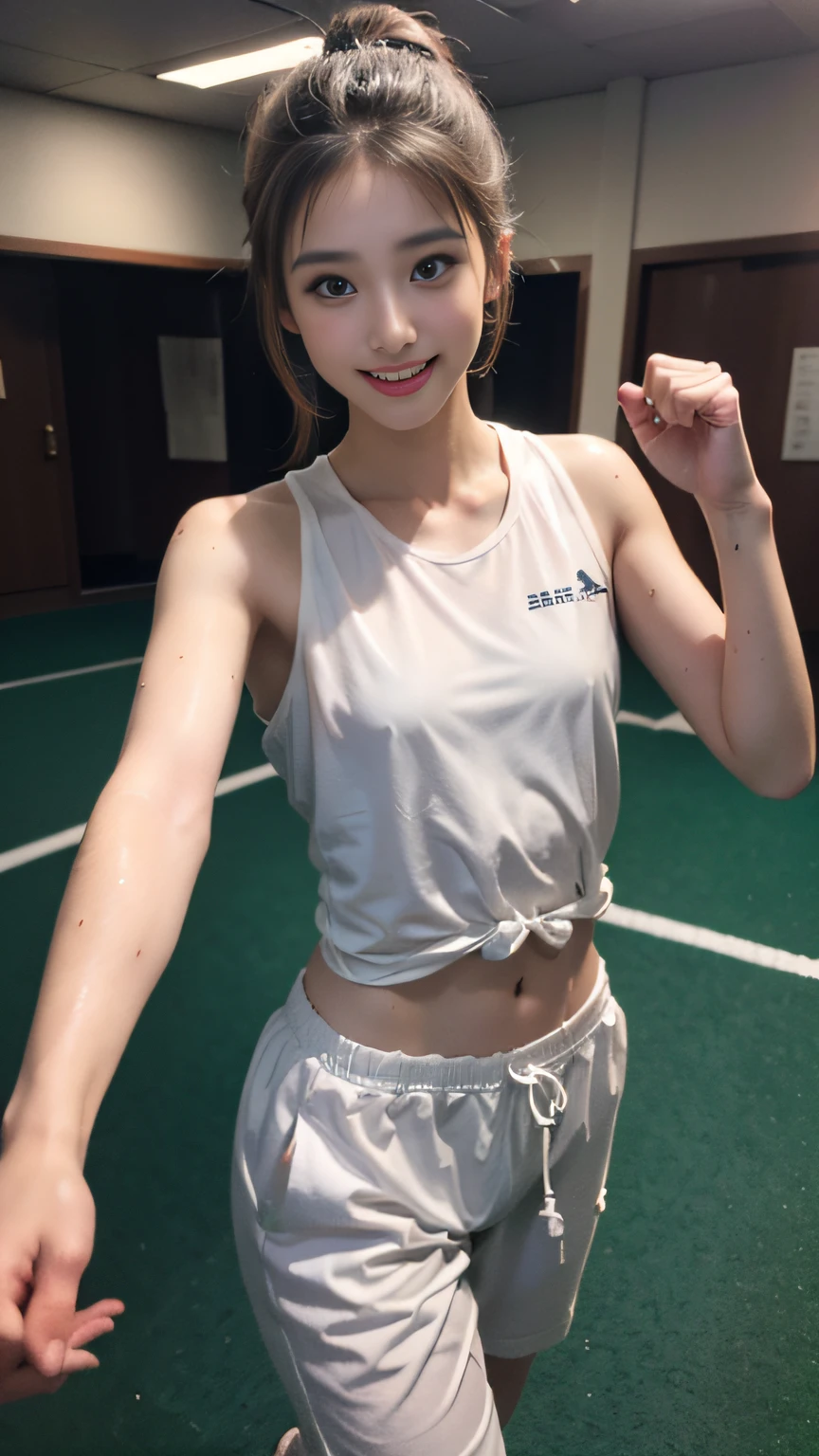 ((tmasterpiece, Top image quality, A high resolution、独奏、small tits、High-Ponytail hairstyle、A smile、A slight smil、glowy skin))、(track suit:1.5)、Sweaty face、puberty, full of sweat、Standing in the ring、独奏、((Standing in the ring))、(((manly body)))、、(((See the whole body)))