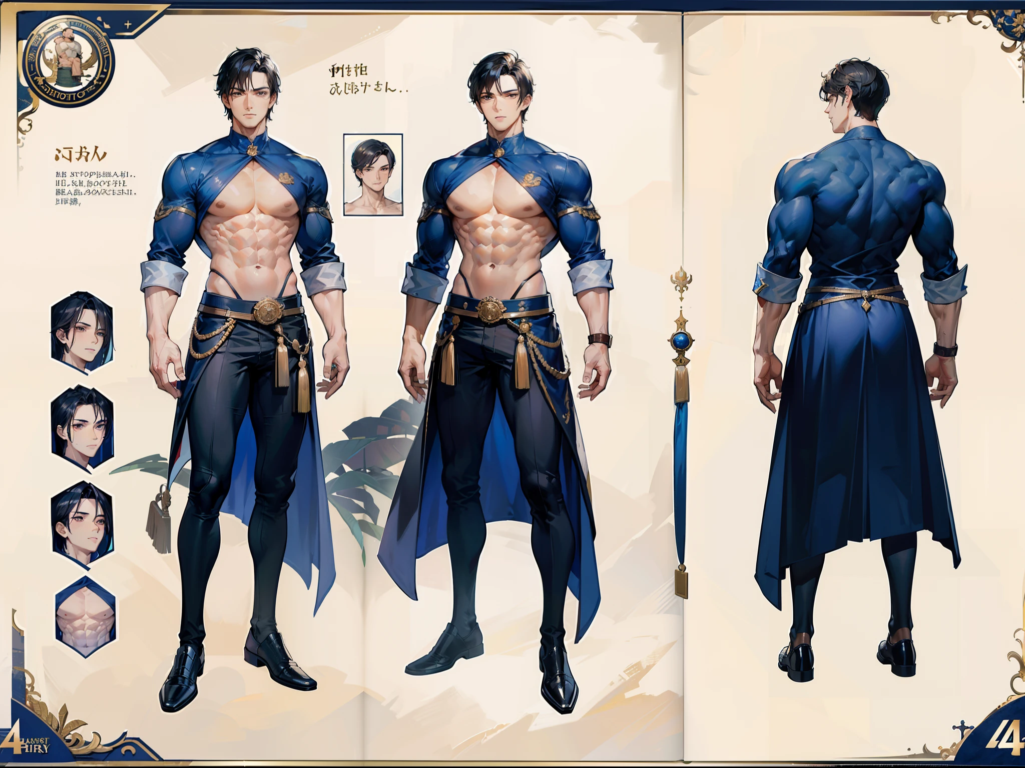 ((Masterpiece, Highest quality)), Detailed face, character design sheet， full bodyesbian, Full of details, frontal body view, back body view, Highly detailed, Depth, Many parts, Muscle boy with black hair，handsome man, navy, commander, man tall, pectoral muscles, abs