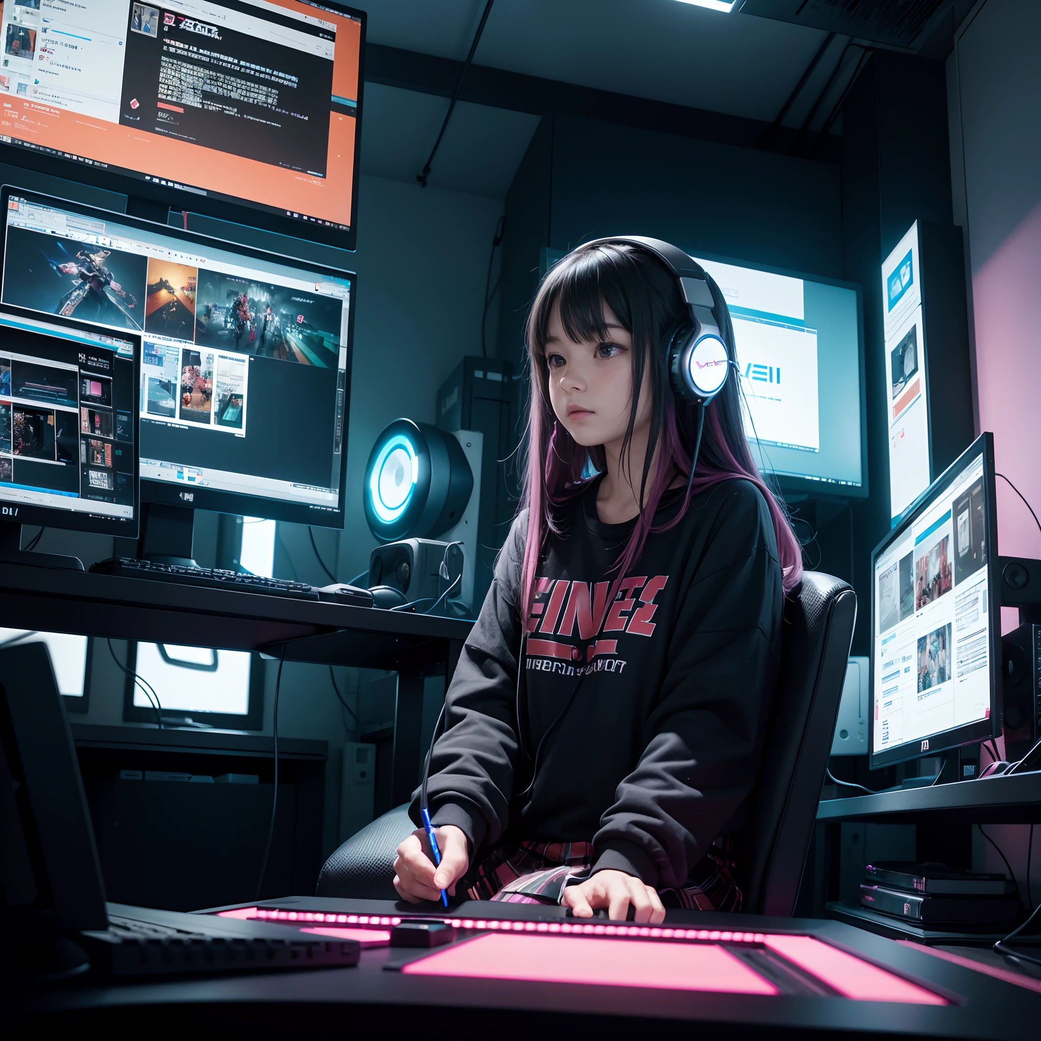 ((Masterpiece)), (((Best Quality)))), ((Illustration)), (Depth of Field: 1.2),Solo,Dynamic Angle,1 Girl,Hacker Beautiful 15 Years Old Japan Girl, Indoors, Room, Dim Room, Sci-Fi, Neon, Neon Lights, Cyberpunk, Computer Room, Gaming Headphones, Computer Equipment, Ethical Hacker, Server Room Background, Display lights, monitors, (LED monitors, surrounded by multiple display monitors: 1.5), gaming chair, multicolored hair, striped hair, tank tops, mini skirts, energy drinks, cables, messy room, front, from below