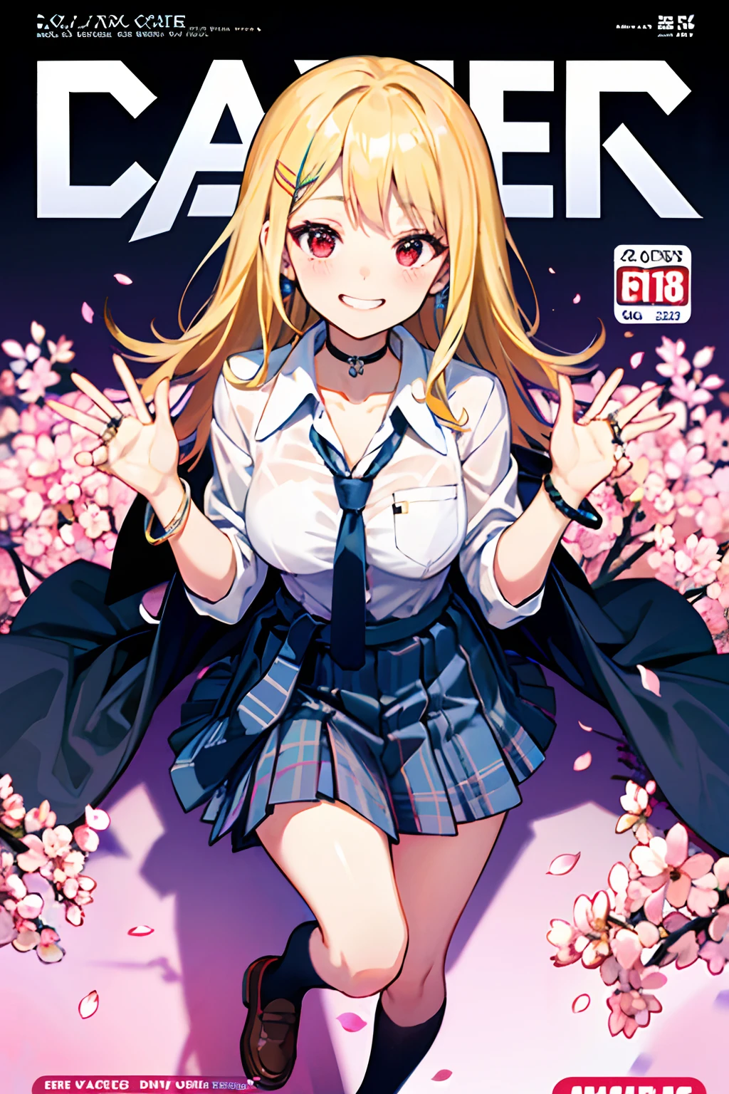 masterpiece, best quality, full body, 1girl, bangs, black choker, black necktie, blonde hair, blue skirt, blush, bracelet, breasts, choker, clothes around waist, collarbone, collared shirt, cowboy shot, dress shirt, ear piercing, eyebrows visible through hair, gradient hair, grin, gyaru, jewelry, kogal, long hair, looking at viewer, loose necktie, necktie, piercing, plaid, plaid skirt, pleated skirt, red eyes, ring, school uniform, shirt, skirt, smile, solo, white shirt, street, sky, cherry blossoms, petals,illustration, (magazine:1.3), (cover-style:1.3), fashionable, woman, vibrant, outfit, posing, front, colorful, dynamic, background, elements, confident, expression, holding, statement, accessory, majestic, coiled, around, touch, scene, text, cover, bold, attention-grabbing, title, stylish, font, catchy, headline, larger, striking, modern, trendy, focus, fashion,