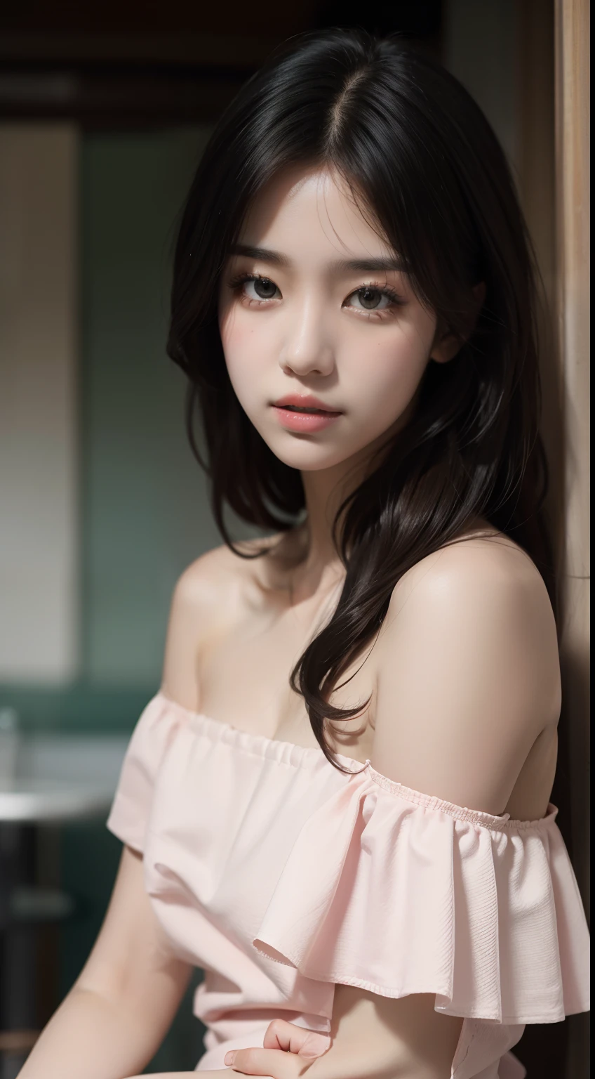 best qualityer, Masterpieces, Super high resolution, (photograph realistic:1.5), Original image,Pink dress ,Korean 1girl, offshoulder, In the dark, deepshadow, low tune, Cold light, Sexy look, long whitr hair,Cafe,pretty,lim light