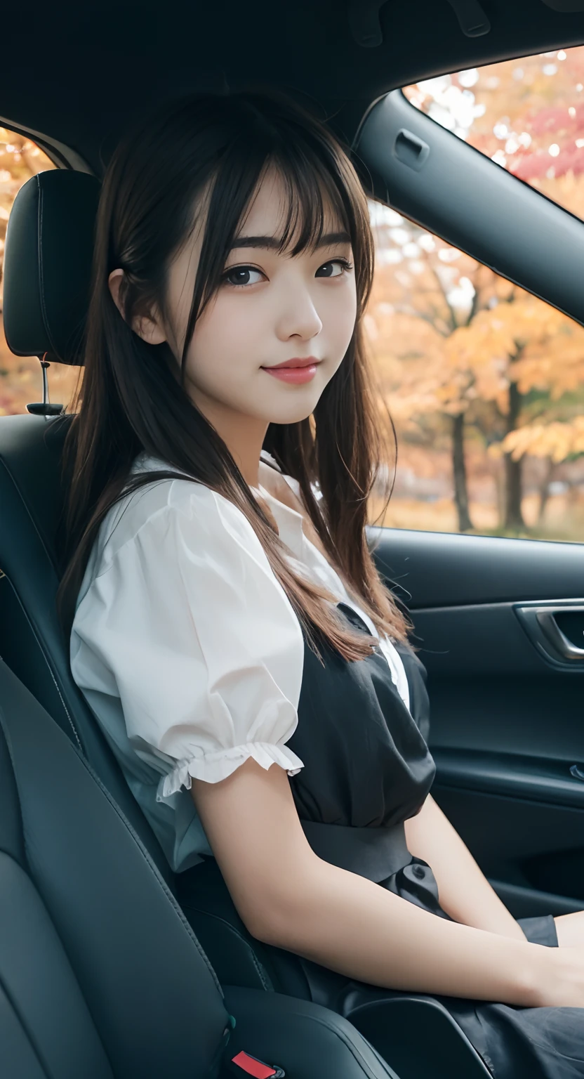 (top-quality、​masterpiece:1.2)、Best Quality、realisitic、photoshot、hight resolution、1080p、8K、Textured skin、Physical Rendering、1 Japan Girls、High school students、kawaii、Young Face、Rolled hair、(Autumn outfit:1.5)、guido、Get in the car、full of shyness、smil、Big