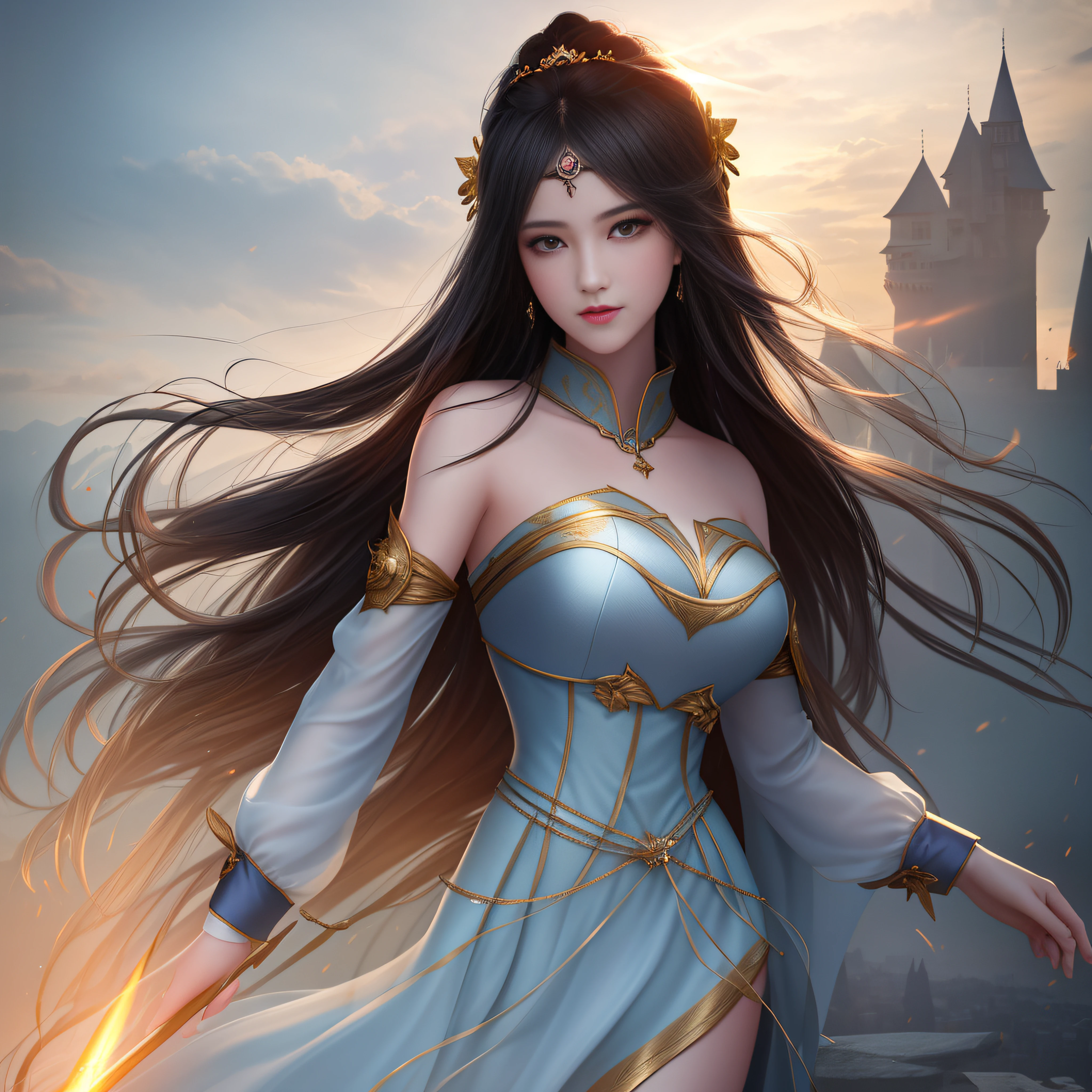 Best quality, masterpiece, high resolution, 1girl, porcelain skirt, beautiful face, human body, Tyndall effect, realistic, atmospheric perspective, dark studio, edge lighting, two-tone lighting, (high detail skin: 1.2), 8k uhd, DSLR, soft light, high quality, volumetric light, sneak peek, photo, high resolution, 4k, 8k, background blur, a sinister castle looms in the distance