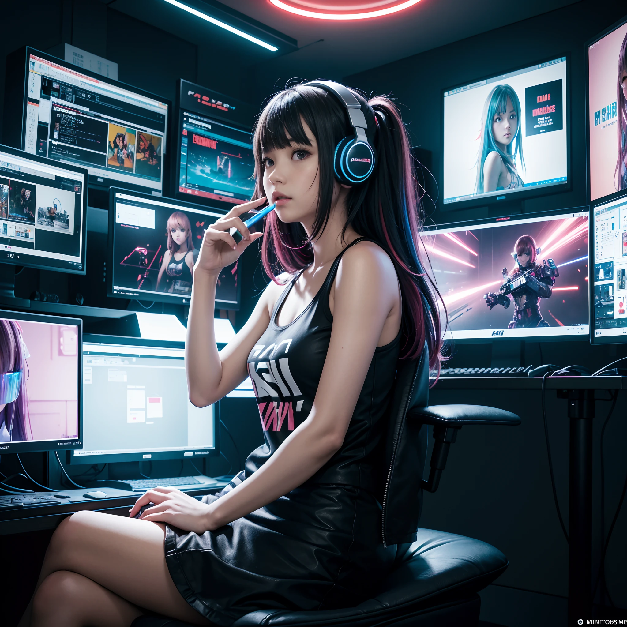 ((Masterpiece)), (((Best Quality)))), ((Illustration)), (Depth of Field: 1.2),Solo,Dynamic Angle,1 Girl,Hacker Beautiful 15 Years Old Japan Girl, Indoors, Room, Dim Room, Sci-Fi, Neon, Neon Lights, Cyberpunk, Computer Room, Gaming Headphones, Computer Equipment, Ethical Hacker, Server Room Background, Display lights, monitors, (LED monitors, surrounded by multiple display monitors: 1.5), gaming chair, multicolored hair, striped hair, tank tops, mini skirts, energy drinks, cables, messy room, front, from below