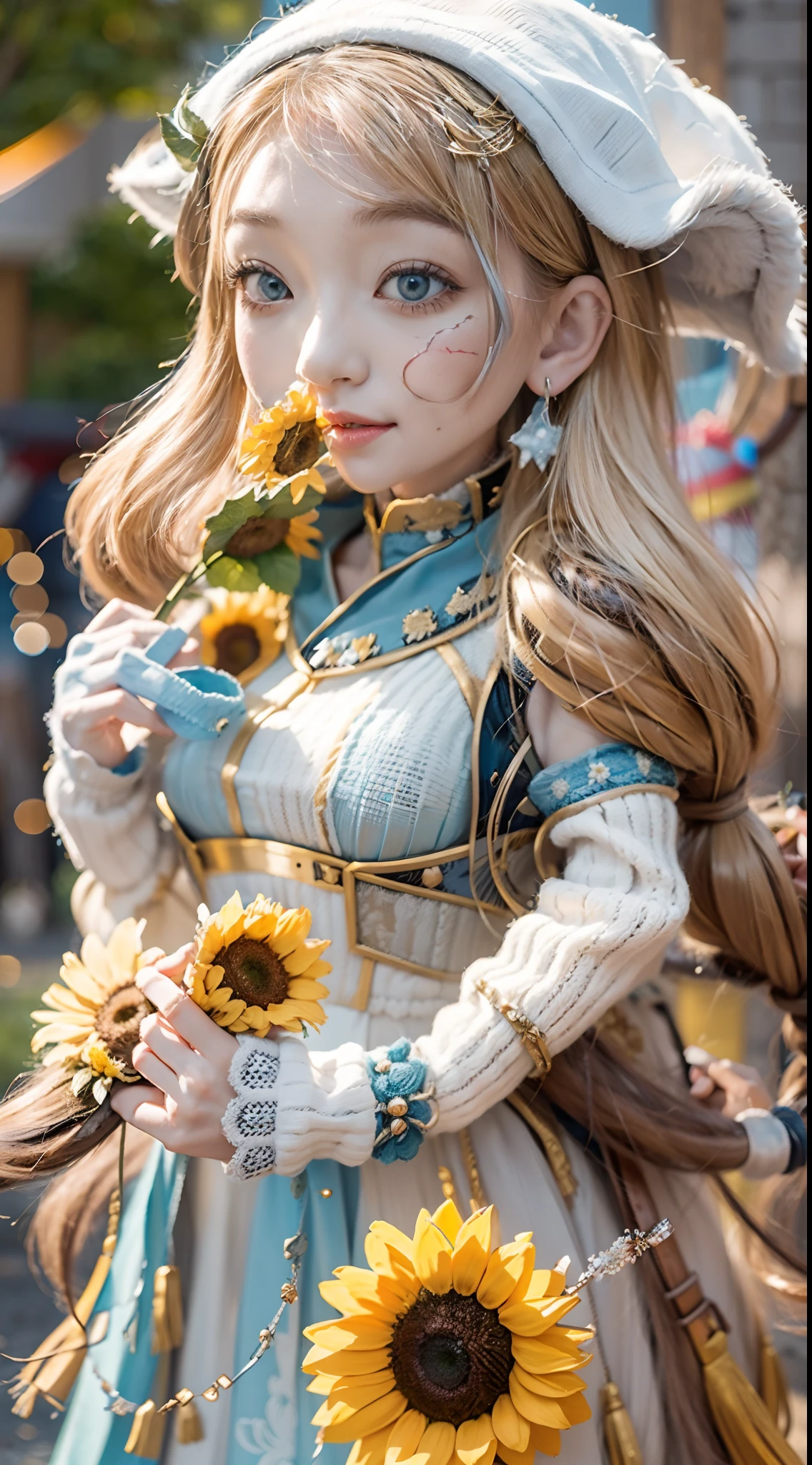 In a very grand scene,The extra-large wide-angle lens captures the appearance of a female centaur。She is a Sunflower Worship nun,Always opposed(Healing emoji smiley face of knitted sunflower puppet😊:99.99)DOA。She is tall,It has the ultimate curvy beauty,The muscles are slender and firm,Beautiful lines。She has(Super huge sky blue eyes:99.99)、always(Wearing sexy glasses:6.66)、(She wears solemn nun attire:9.9)、Stepping on a boot-style skyscraper-heel、A pink cross hangs on his chest。Use Midjourney's advanced tools,Designed for female centaurs(A knitted sunflower puppet and create a super healing cartoon smiley face in the center of the flower tray as a decoration:9.9),and noble and solemn nun costumes,and highlight her unique physiological characteristics and appearance details,Add realism。And in the context of her prayers and listening to confessions,Spectacular views of nature,Such as the sky where storms and sunny days alternate、Brilliant rivers of stars and auroras、The snow-capped summit of Mount Everest、Fireworks in the mountain town, etc。ao mesmo tempo,Away from the hustle and bustle next to the chapel,Create a fantastic scene。Use Midjourney's advanced tools and multiple color palettes、Brush Strokes、Texture tools and model packages,It shows a sense of atmosphere where beauty and charm coexist。The charm of the female centaur is highlighted through color and lines,Enhance realism with detailing,Create a surreal dreamy feeling。Additionally,Use Midjourney's tools to add various exorcism props and books to the female centaur、pergaminhos,Create intricate hairstyles and outfits,Give her a sense of premium。She never flinches,No matter what monster you encounter,can respond quickly,Even the most extreme armies of natural disasters and monsters could not stop her and her front(Sunflower with Tyndall effect that emits sunlight9.99)。Use Midjourney's powerful tools,You can do it with incredible detail and beauty,Bring this ultra-grand and beautiful scene to life。Ultra-grand sc