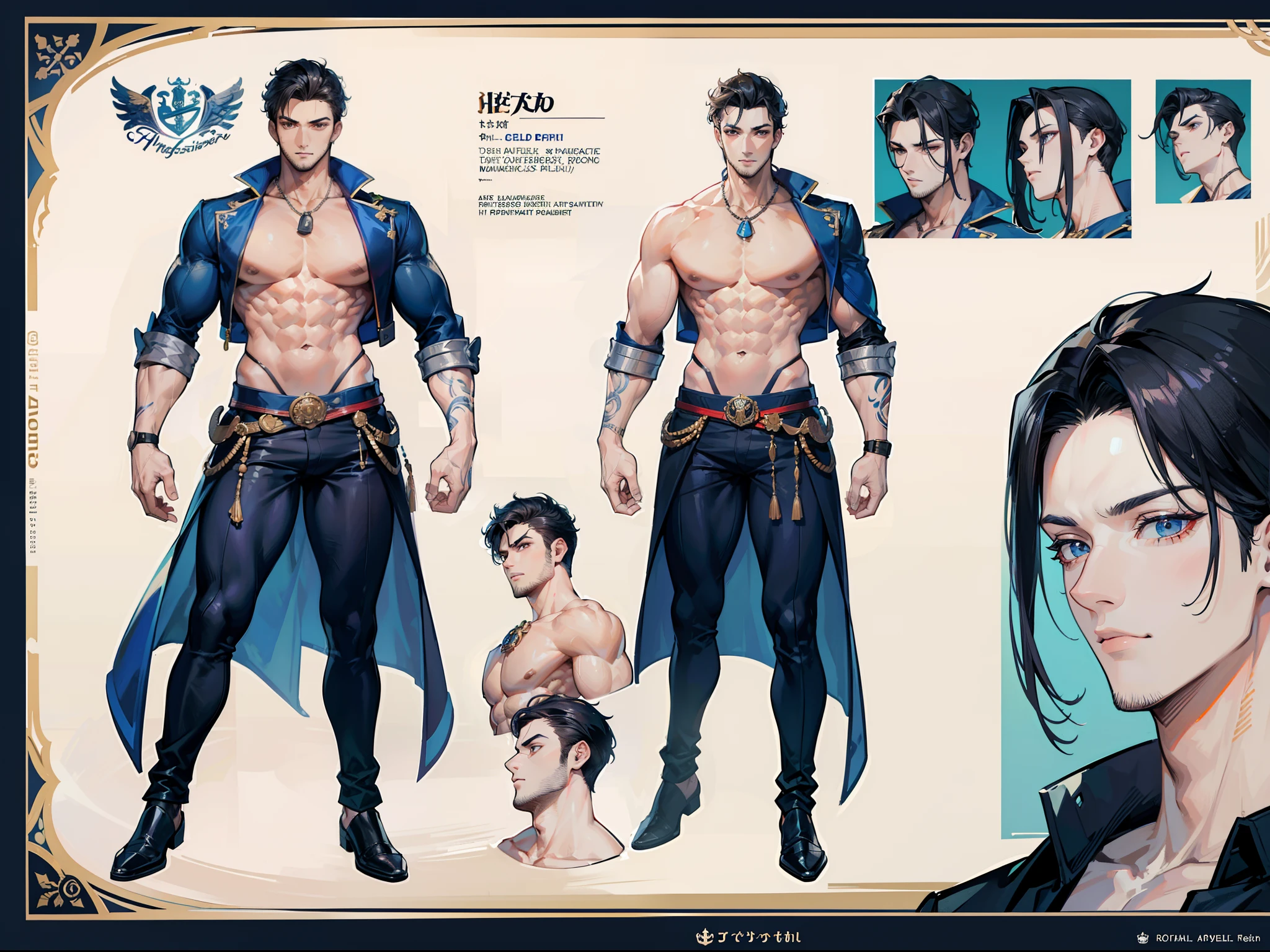 ((Masterpiece, Highest quality)), Detailed face, character design sheet, full bodyesbian, Full of details, frontal body view, back body view, Highly detailed, Depth, Many parts, Muscle boy with black hair,handsome man, navy, commander, man tall, pectoral muscles, abs