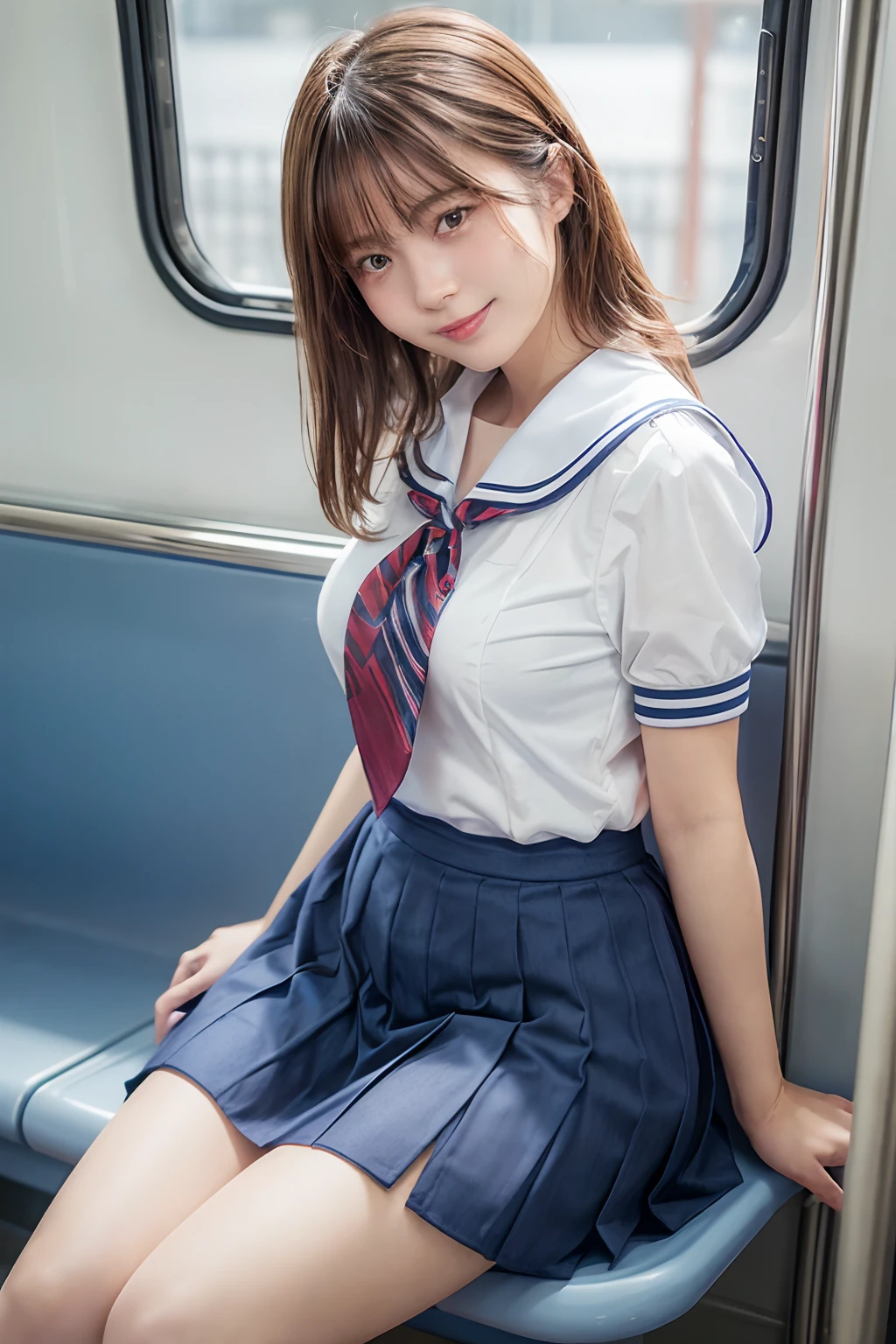 top-quality,ultra-detailliert,​masterpiece,realisitic,Photo Real,Bright lighting,1 girl in, an extremely beautiful -yeld gi (kawaii:1.2),Thin smile, (Brown eyes),(brown haired),(bangss),perfect glossy skin,flawless skin,((erotick,Sexy and sexually explicit)),((accurate hands without incongruity)), large full breasts,big breasts thin waist, Look at viewers,((a sailor suit)),((Short sleeve uniform white shirt)),(red necktie),(Blue Mini Pleated Skirt),(((skirt lift by yourself))),(lifted by self),(Showing panties),panties on,panties focus,((Sit up,spread legswide)), sockes, (Black knee socks),(Loafer shoes), during daytime,On the train,Horizontal long seat with your back to the window