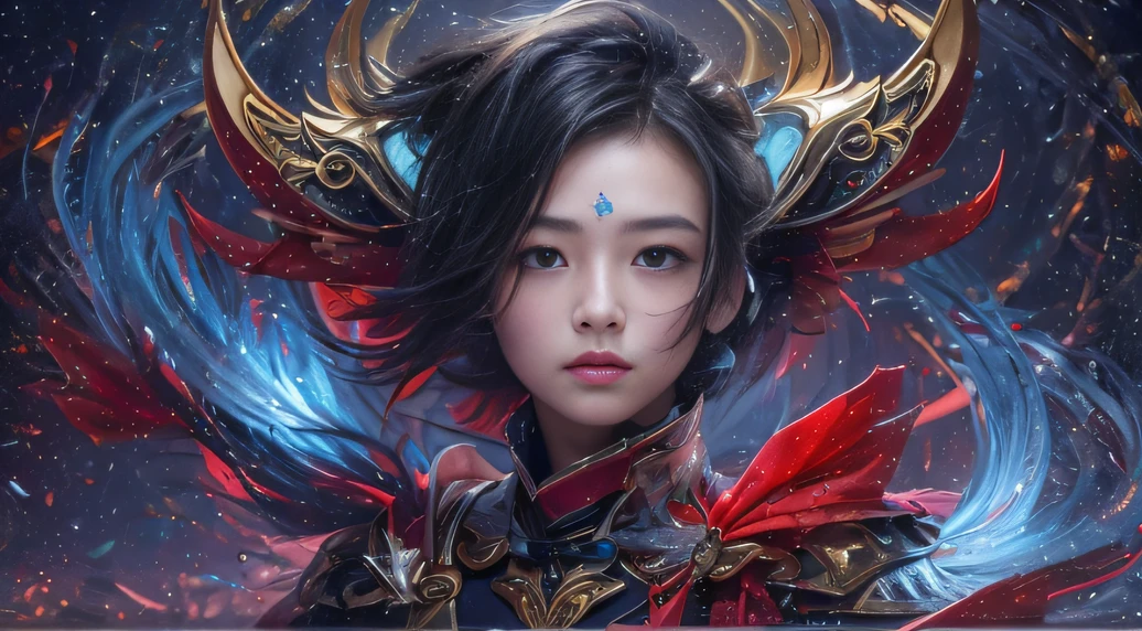 32K，复杂，ellegance，highly  detailed，A majestic，Digital photography，Autumn cowboy shot，surrealism painting，Broken rubies，Beating magic，Entwined water magic，（tmasterpiece，Cinematic light，Fine beautiful eyes：1.2），hdr，Void 5 Energy Storm，(China 1 girl，Black eyes:1.5），paleskin，Glowing skin，(sitting on the stone：1.5），delicated face，Black color hair，Wearing palatial red armor，cropped shoulders，nabel，short  skirt，Beautiful light blue armor，Rained，big breasts beautiful，looking at viewert，Face away from the camera，tmasterpiece，Side upper body,