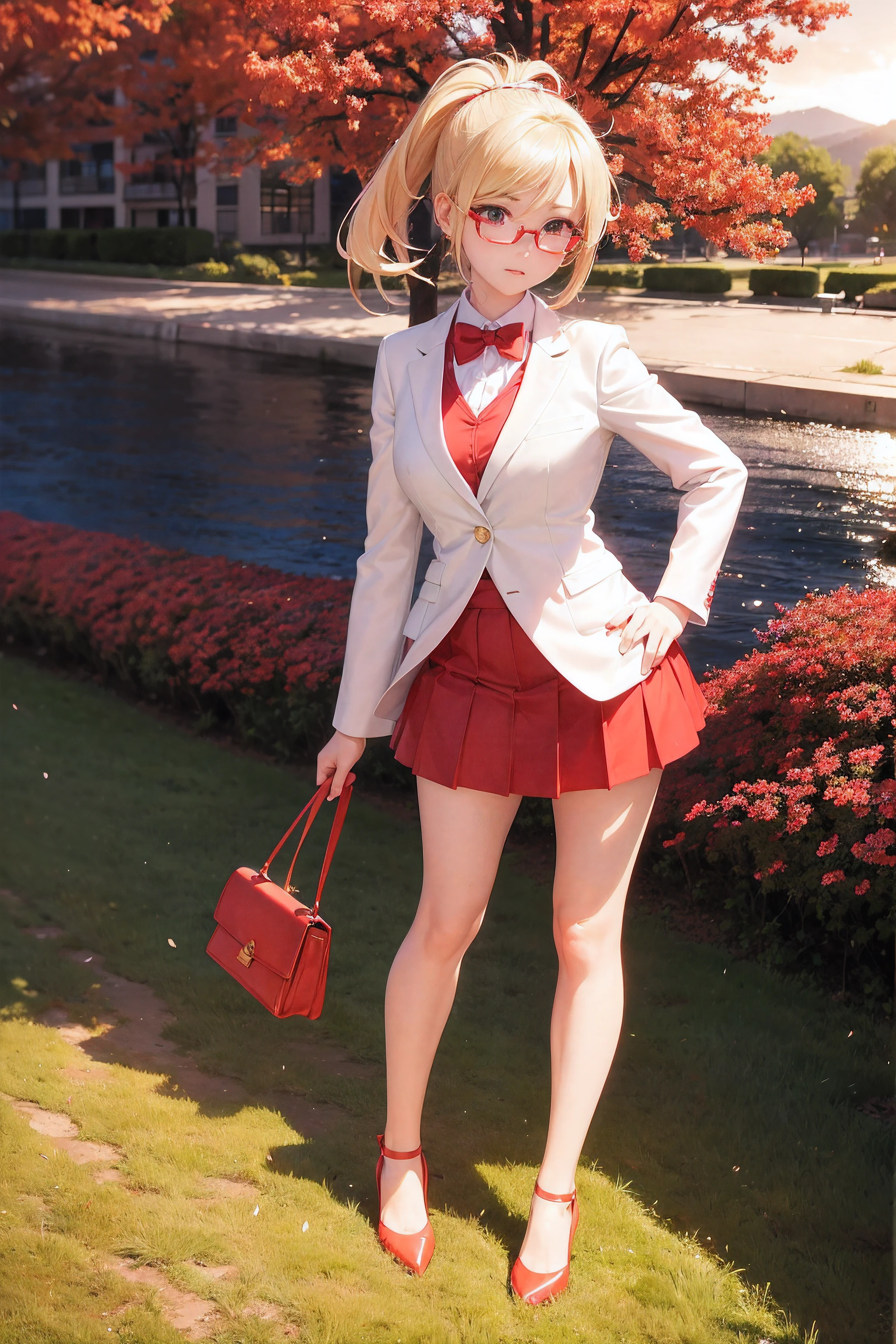 1 Anime Girl, Blonde hair Pony, cheerish eyes, Red Spects, white shirt, Red Blazer, Red Skirt, Full body, Red Heels, Looking at Viewer, Sunset, River, Grass, Cherry blossom, masterpiece