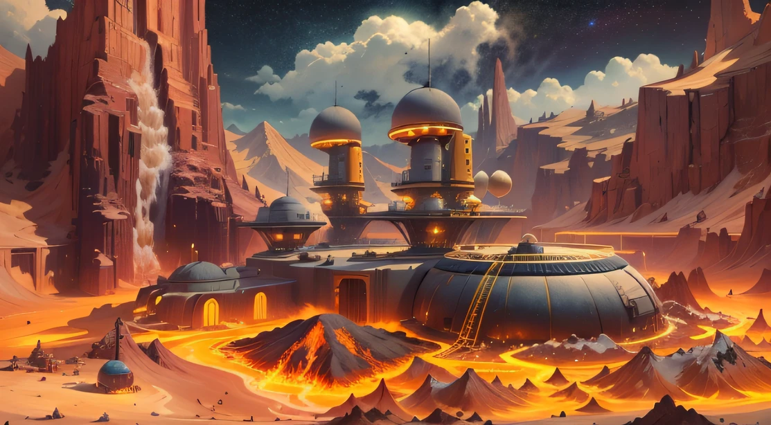 Alien Fall Base (Very detailed) In the mountainous desert,There are several exhaust fans and yellow chimneys, Some neon lights come out of the base to illuminate the dark place, (Extreme nights), Some clouds in the night sky, Some of the surrounding planets provide air to unknown planets,The farthest giant volcano is erupting