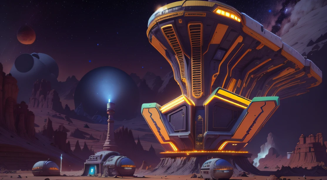 Alien Fall Base (Very detailed) In the mountainous desert,There are several exhaust fans and yellow chimneys, Some neon lights come out of the base to illuminate the dark place, (Extreme nights), Some clouds in the night sky, Some of the surrounding planets provide air to unknown planets,The farthest giant volcano is erupting