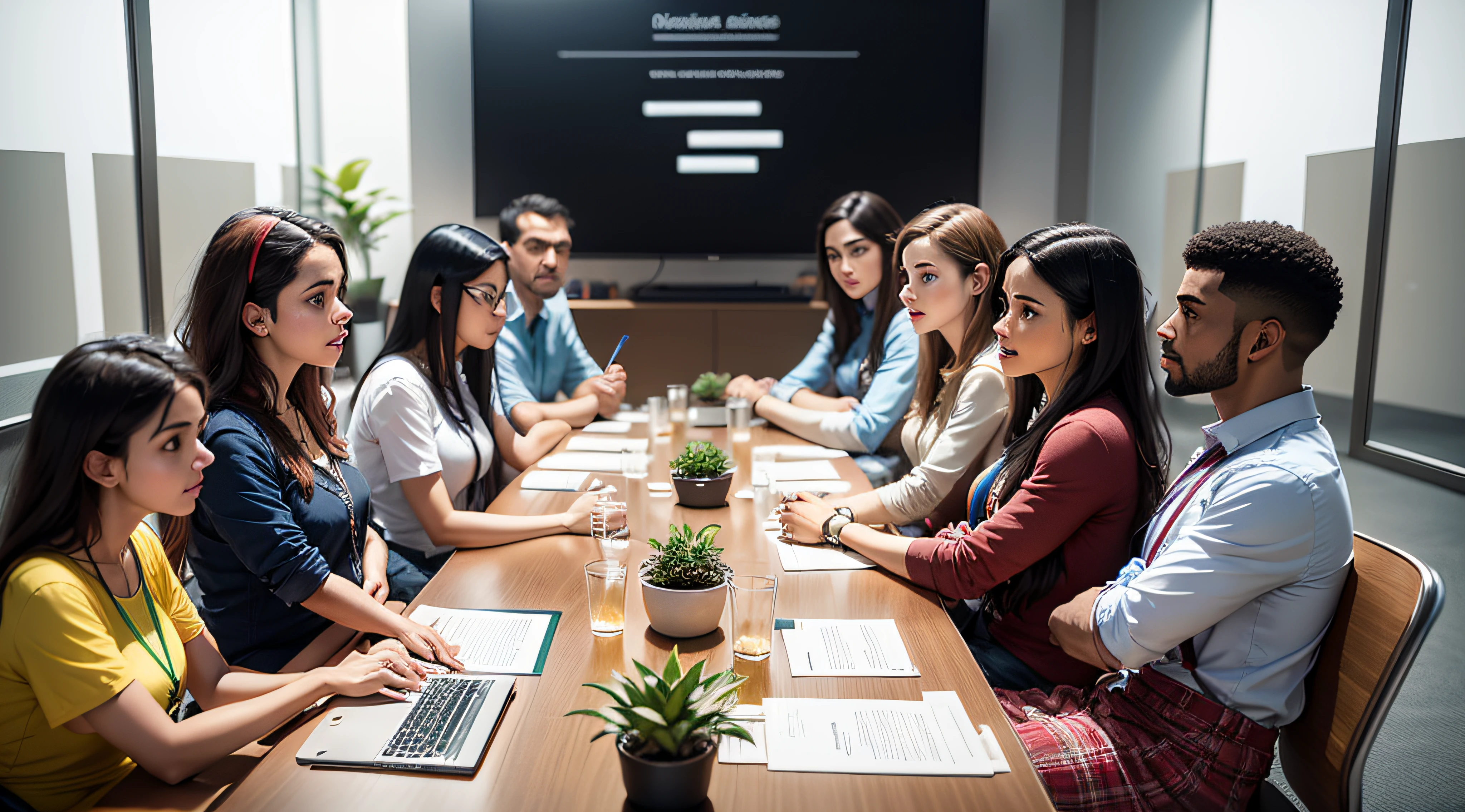 Criar uma imagem realista de pessoas no Brasil de diferentes idades e culturas estudando ou aprendendo algo novo, in a large meeting room.