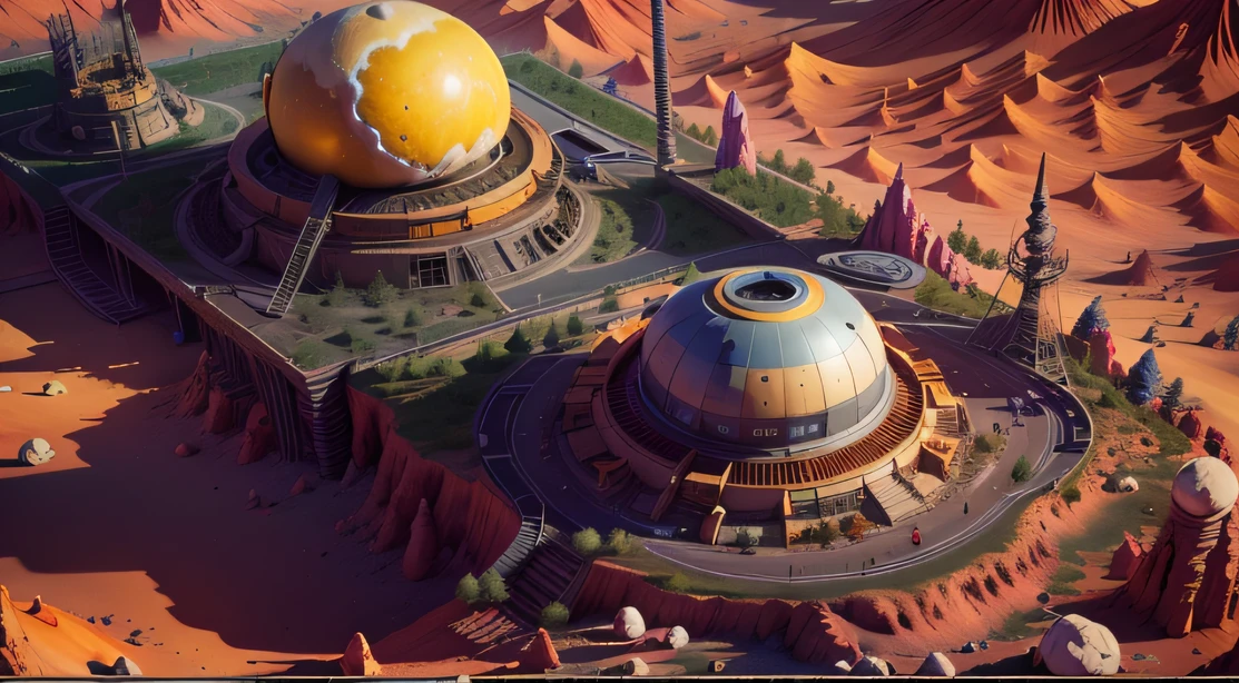 Alien Fall Base (Very detailed) In the mountainous desert,There are several exhaust fans and yellow chimneys, Some neon lights come out of the base to illuminate the dark place, (Extreme nights), Some clouds in the night sky, Some of the surrounding planets provide air to unknown planets,The farthest giant volcano is erupting