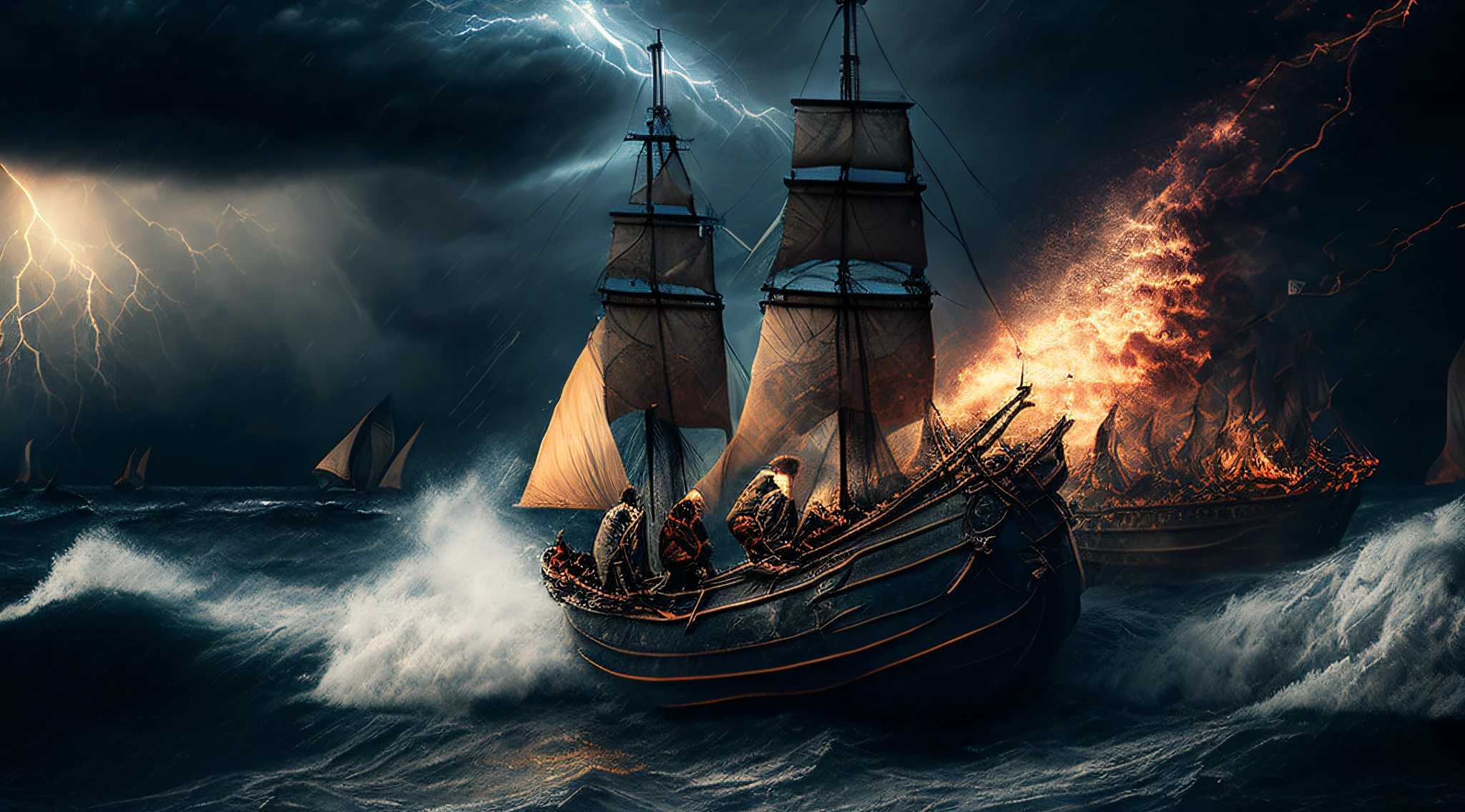 Create an image of sailors from centuries ago facing a violent storm in the Triangle