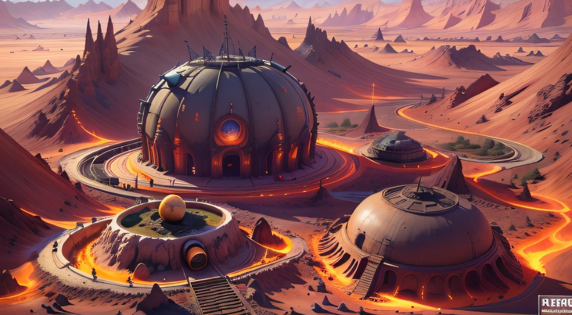 Alien Fall Base (Very detailed) In the mountainous desert,There are several exhaust fans and yellow chimneys, Some neon lights come out of the base to illuminate the dark place, (Extreme nights), Some clouds in the night sky, Some of the surrounding planets provide air to unknown planets,The farthest giant volcano is erupting