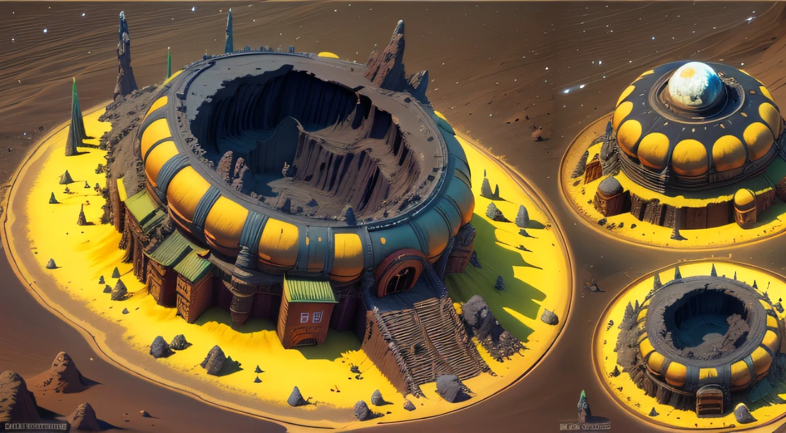 Alien Fall Base (Very detailed) In the mountainous desert,There are several exhaust fans and yellow chimneys, Some neon lights come out of the base to illuminate the dark place, (Extreme nights), Some clouds in the night sky, Some of the surrounding planets provide air to unknown planets,The farthest giant volcano is erupting