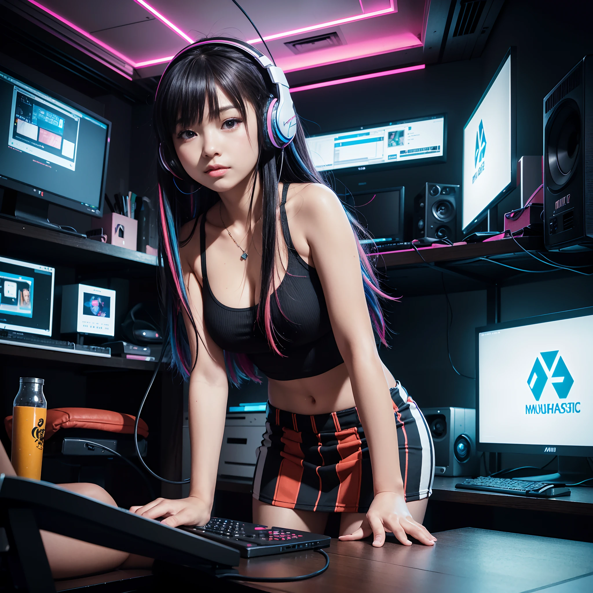 mais alta qualidade))、((Obra-prima)、mirai, ciberpunk、big buttocks、Ajoelhe-se、Electronic visor fixed to the face of a -yeld giwith emphasis on the buttocks、(miniskirt mostrando panties White:1.4)  ,mirai red latex body,Modo ciberpunk、pose sexy、(Use leggings amarelas na parte inferior do corpo、aumento dos seios、(background Neon lights in the dark city at night:1.4),motor irreal:1.4,UHD,La Melhor qualidade:1.4, fotorrealista:1.4, textura da pele:1.4, Obra-prima:1.8,obra-prima, Melhor qualidade,（Beautiful and detailed description of the eyes）,( ciborgue rosa neon),(Anatomia perfeita),(convexo ,Dedos detalhados),body ciborg mirai branco,(mirai:1.4),
