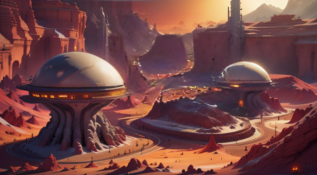 Alien Fall Base (Very detailed) In the mountainous desert,There are several exhaust fans and yellow chimneys, Some neon lights come out of the base to illuminate the dark place, (Extreme nights), Some clouds in the night sky, Some of the surrounding planets provide air to unknown planets,The farthest giant volcano is erupting