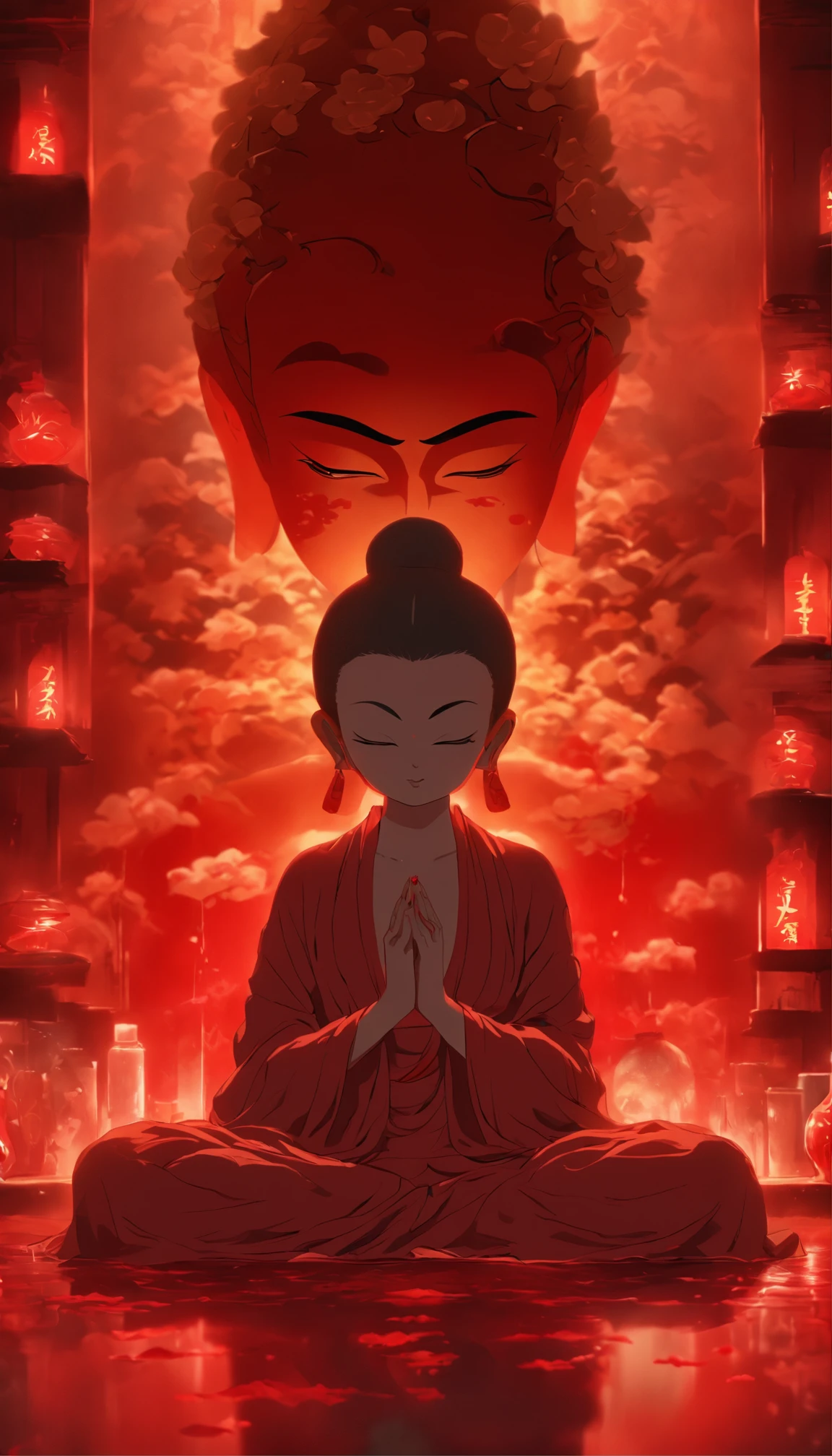 Blood red room, Flashing white TV screen, BUDDHA STATUE, Cover one eye and face, Bright red eyes, Wearing a white transparent robe, Looming full breasts,liquor,Devil, reaching out her hands,Straighten your body, Red nails are exposed, Pinch the camera, hyper HD, Anatomically correct, Textured skin, Super detail, High details, High quality, A high resolution, 8K, hyper HD, Anatomically correct, Textured skin, Super detail, High details, High quality, Best quality, 8K,Leishnampo,Room 2,Horror