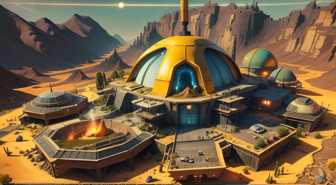 Alien Fall Base (Very detailed) In the mountainous desert,There are several exhaust fans and yellow chimneys, Some neon lights come out of the base to illuminate the dark place, (Extreme nights), Some clouds in the night sky, Some of the surrounding planets provide air to unknown planets,The farthest giant volcano is erupting