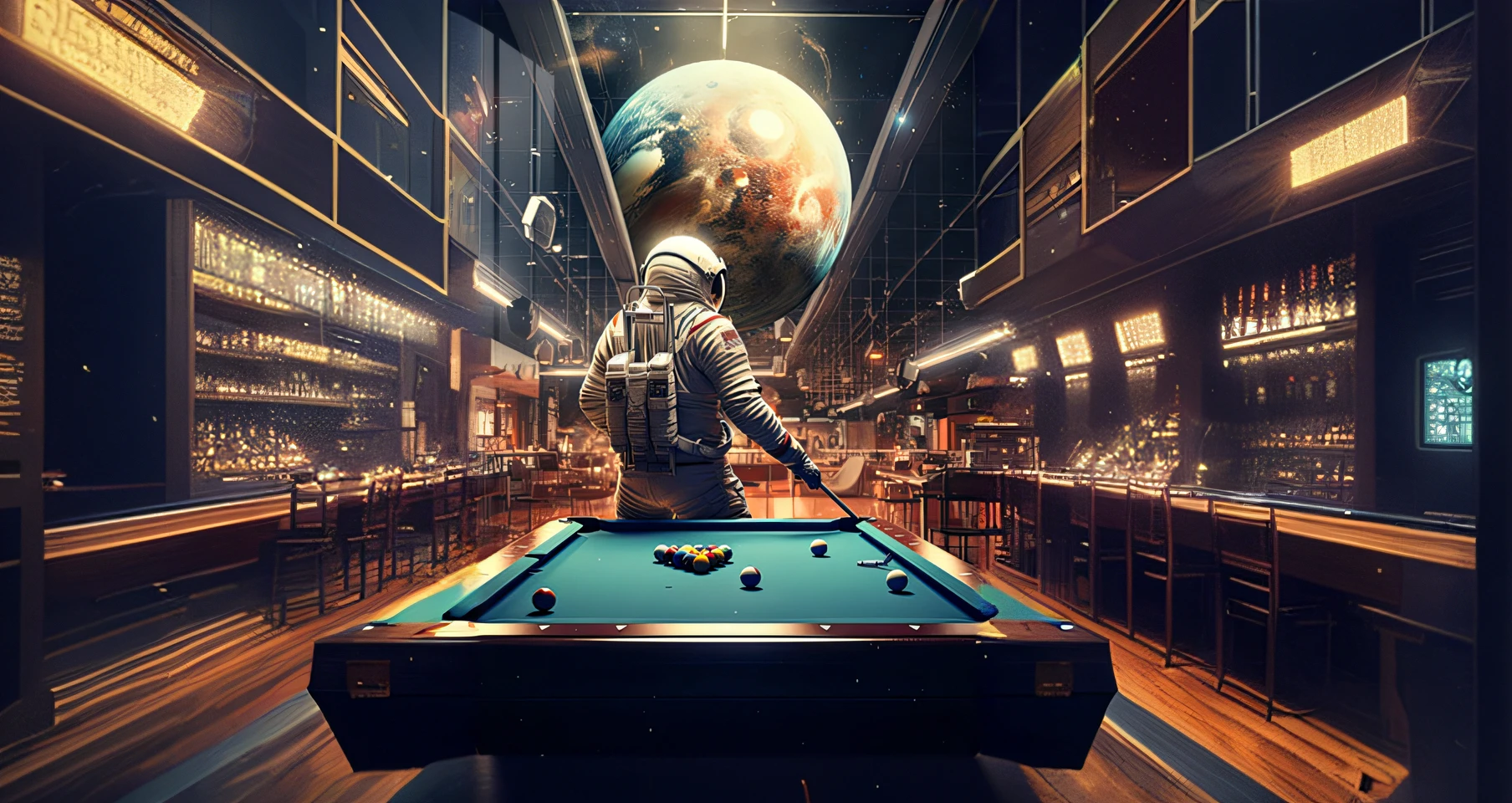 Arafeld astronaut playing billiards in the large room of the golden bar,The earth can be seen, beeple masterpiece, beeple artwork, beeple art, beeple daily art, beeple style, Realism | beeple, beeple!!, Inspired by Beeple, beeple. hyper photorealism, beeple |