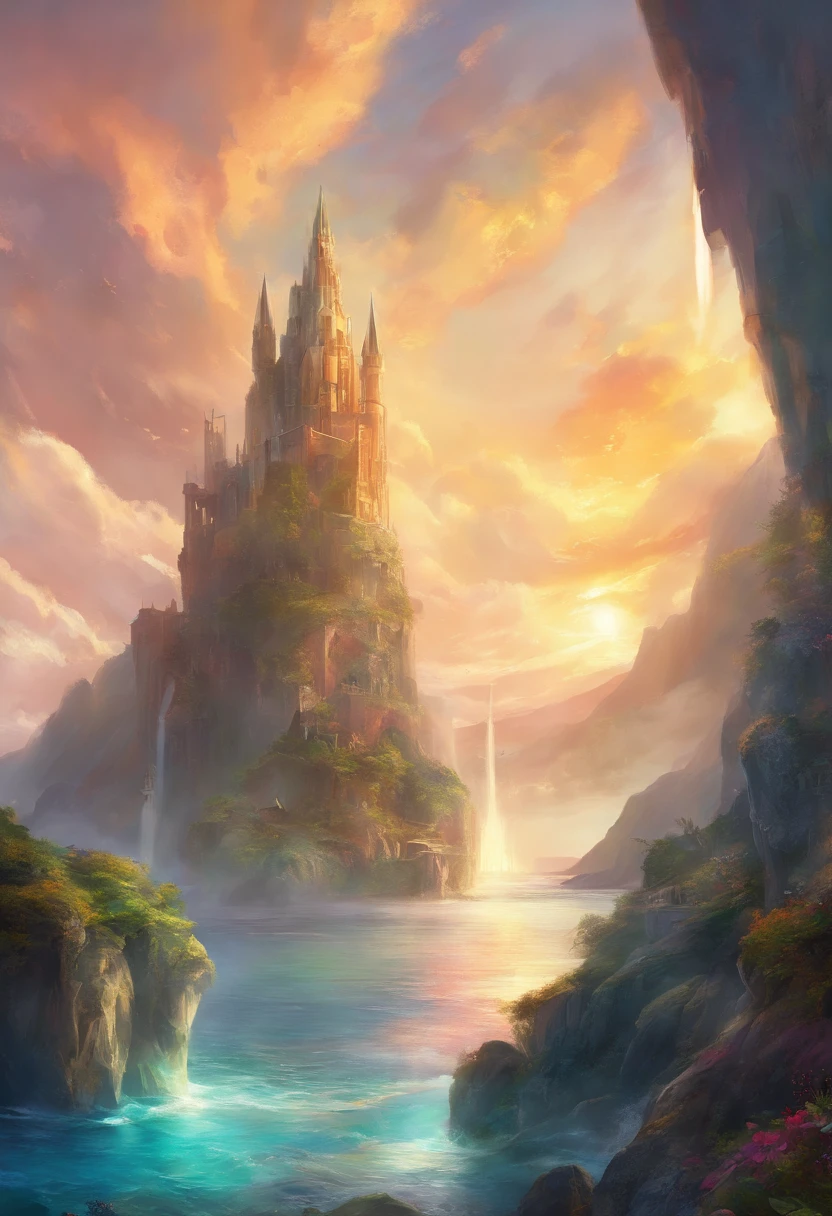eine Stadt(Atlantis) im Meer  ,Mountains and rocks Clouds and sun 1 Girl looks up at the sky