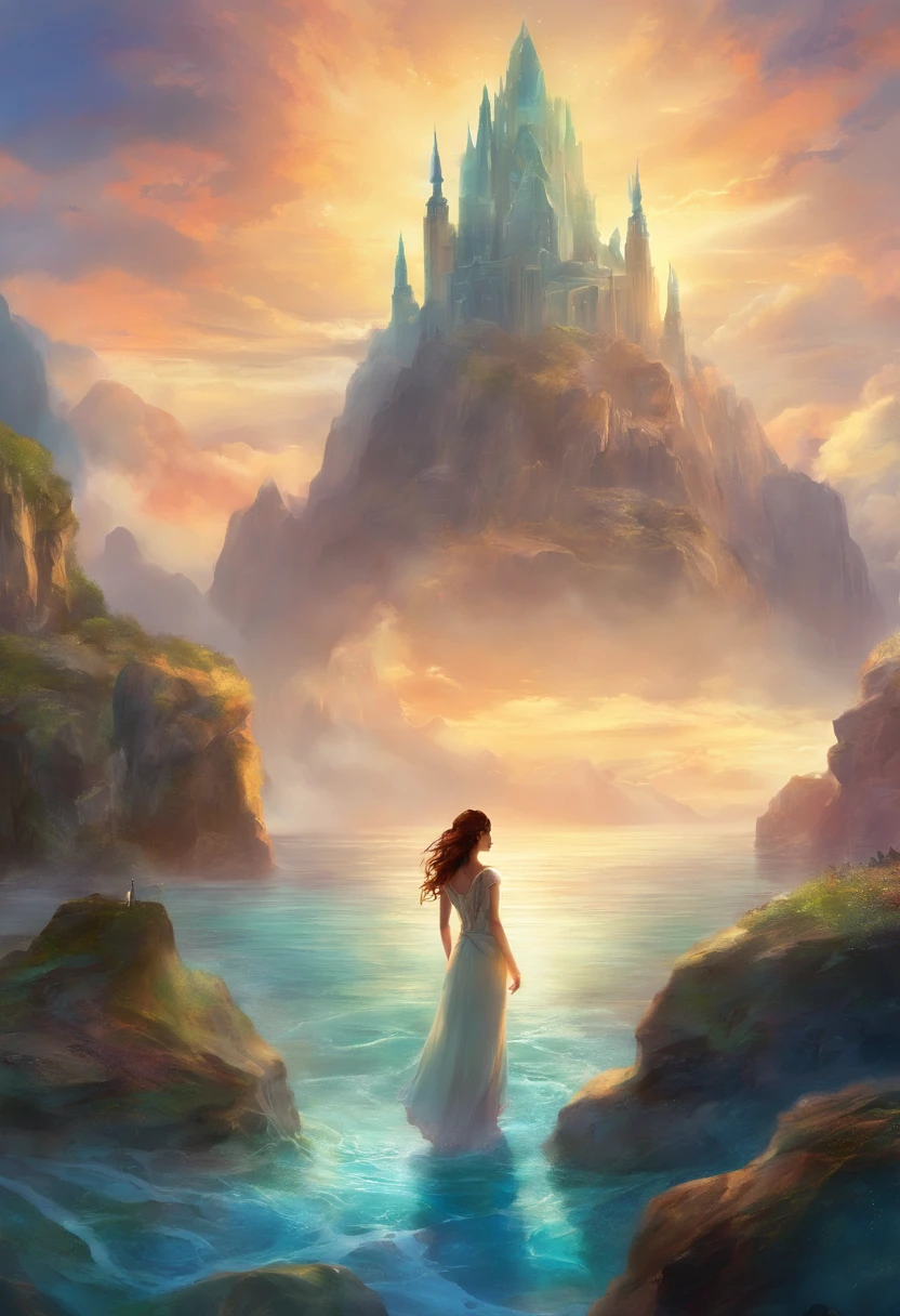 eine Stadt(Atlantis) im Meer ,Mountains and rocks Clouds and sun 1 Girl looks up at the sky