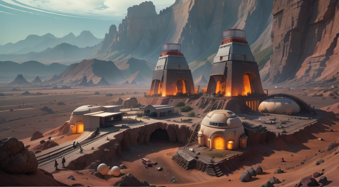 Alien Fall Base (Very detailed) In the mountainous desert，There are several exhaust fans and yellow chimneys, Some neon lights come out of the base to illuminate the dark place, (Extreme nights), Some clouds in the night sky, Some of the surrounding planets provide air to unknown planets，The farthest giant volcano is erupting