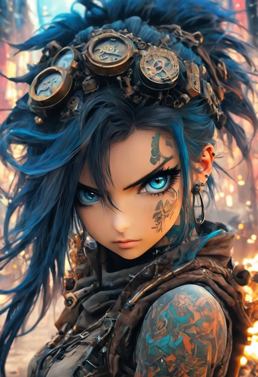 The most beautiful,The sexiest post-apocalyptic steampunk girl, Black hair, Blue eyes, Wear highly detailed steampunk tactical gear, Lots of tattoos and piercings, Shards of metal fluttering in the wind, post apocalyptic wasteland, highly detailed back ground, Perfect masterpiece, High quality, high resolution