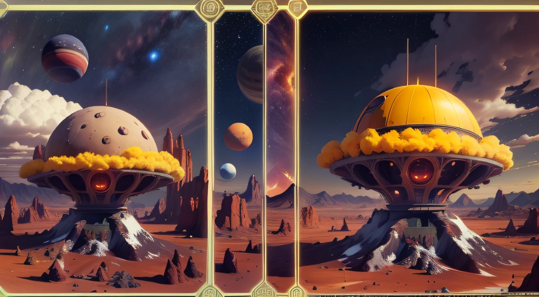 Alien Fall Base (Very detailed) In the mountainous desert,There are several exhaust fans and yellow chimneys, Some neon lights come out of the base to illuminate the dark place, (Extreme nights), Some clouds in the night sky, Some of the surrounding planets provide air to unknown planets,The farthest giant volcano is erupting