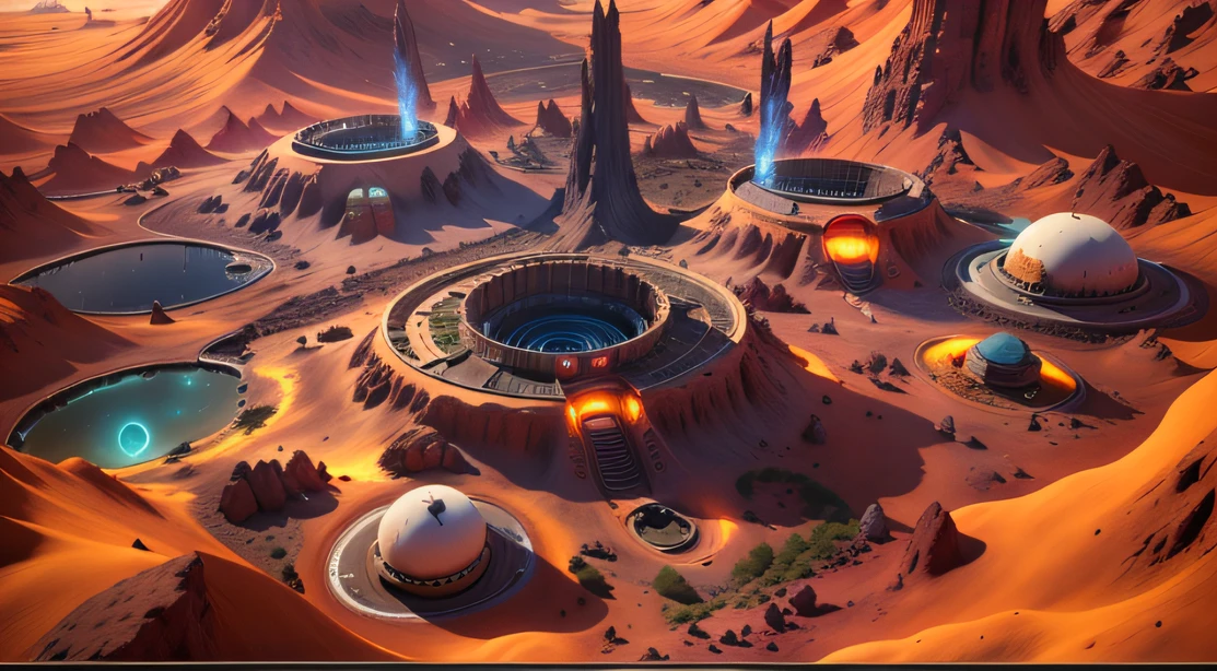 Alien Fall Base (Very detailed) In the mountainous desert,There are several exhaust fans and yellow chimneys, Some neon lights come out of the base to illuminate the dark place, (Extreme nights), Some clouds in the night sky, Some of the surrounding planets provide air to unknown planets,The farthest giant volcano is erupting